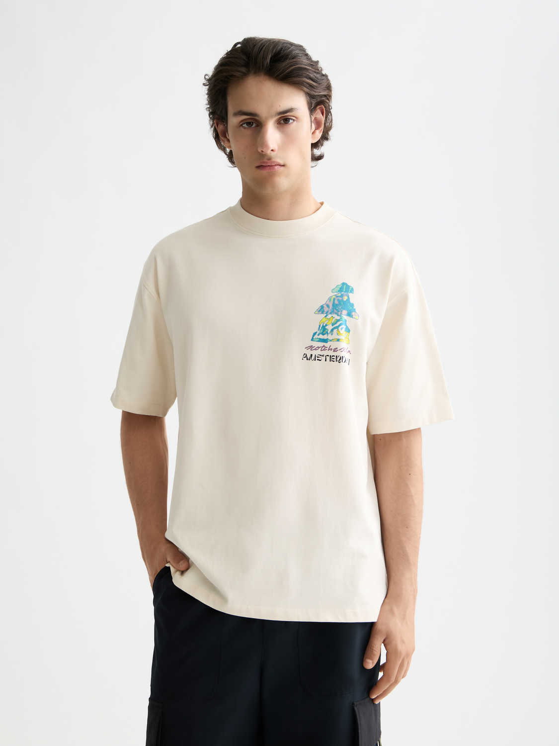 Scotch & Soda short sleeve artwork T-shirt featuring vibrant graphic print on front, casual fit, and soft fabric.