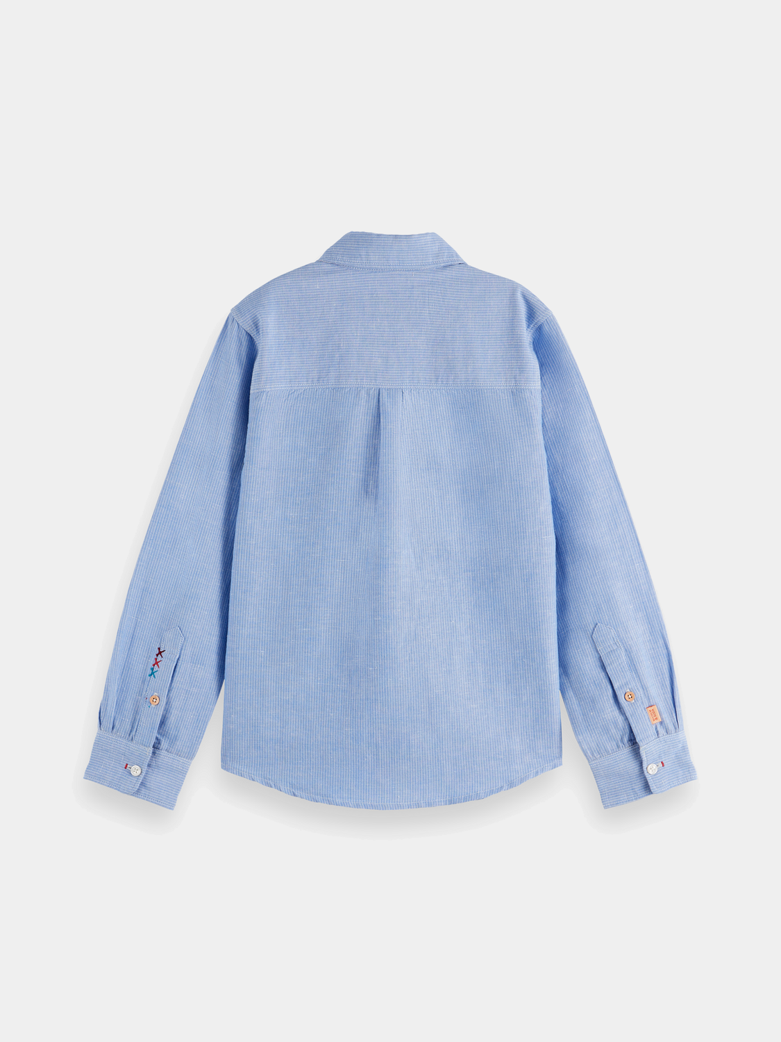 Kids striped linen long-sleeve shirt by Scotch & Soda, featuring blue and white vertical stripes and a classic collar.