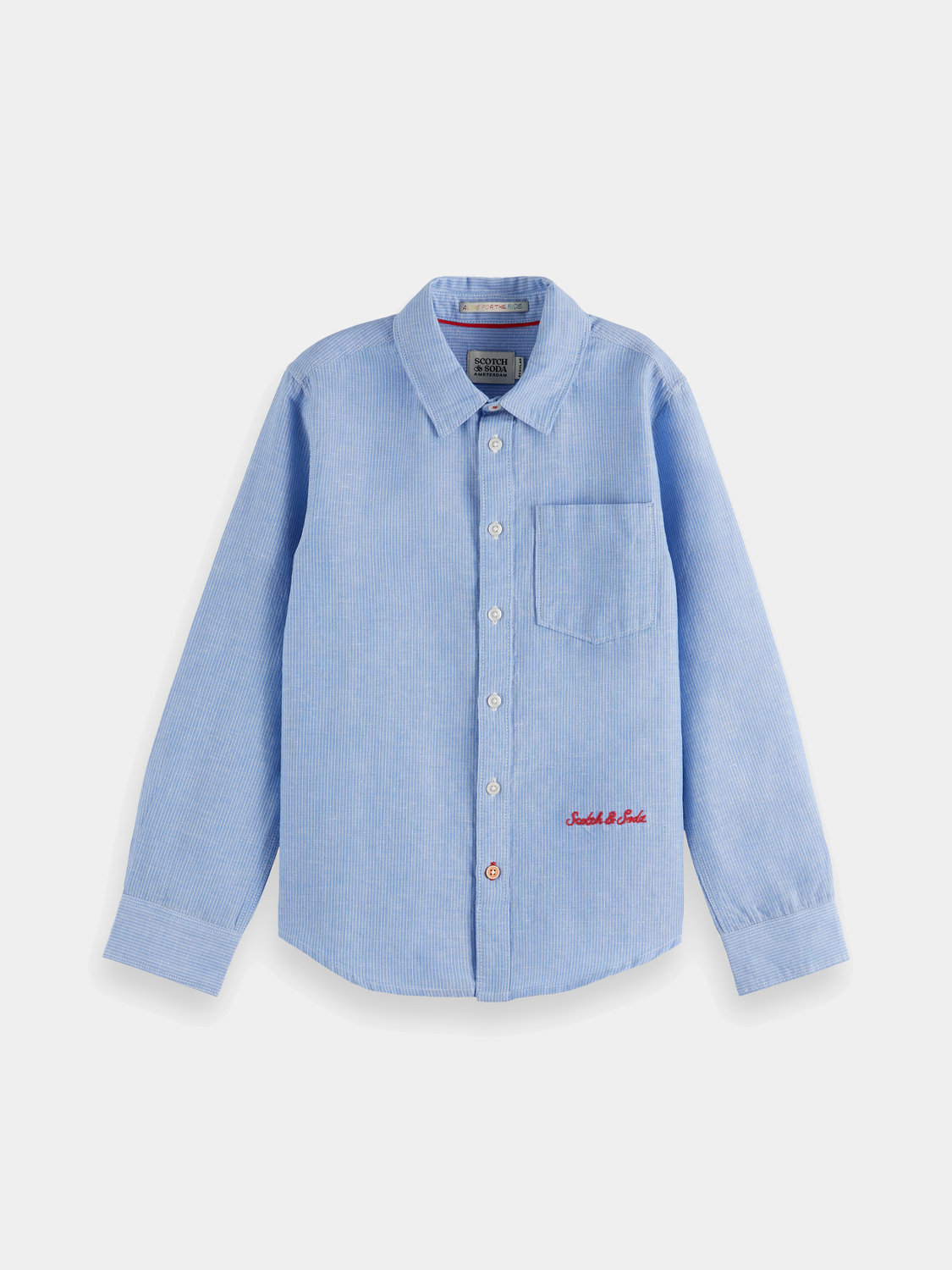 Kids striped linen long-sleeve shirt by Scotch & Soda with blue and white horizontal stripes, casual and stylish for children.