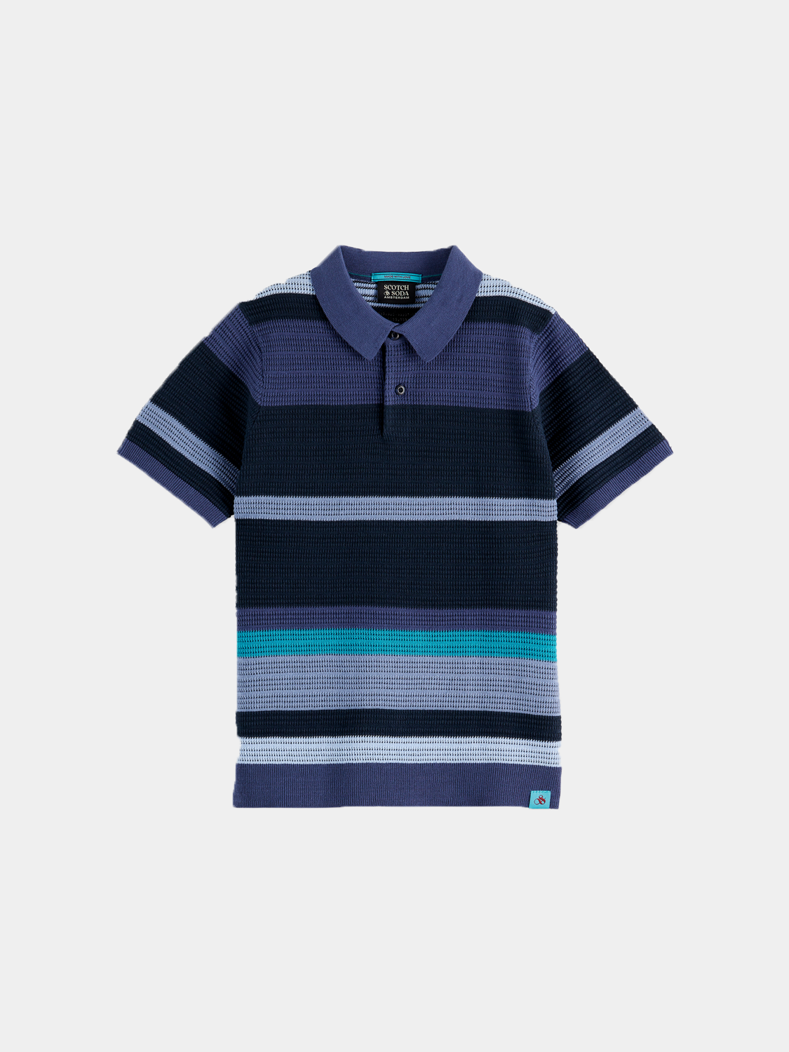 Kids striped knitted polo shirt from Scotch & Soda, featuring colorful horizontal stripes and a classic polo collar.