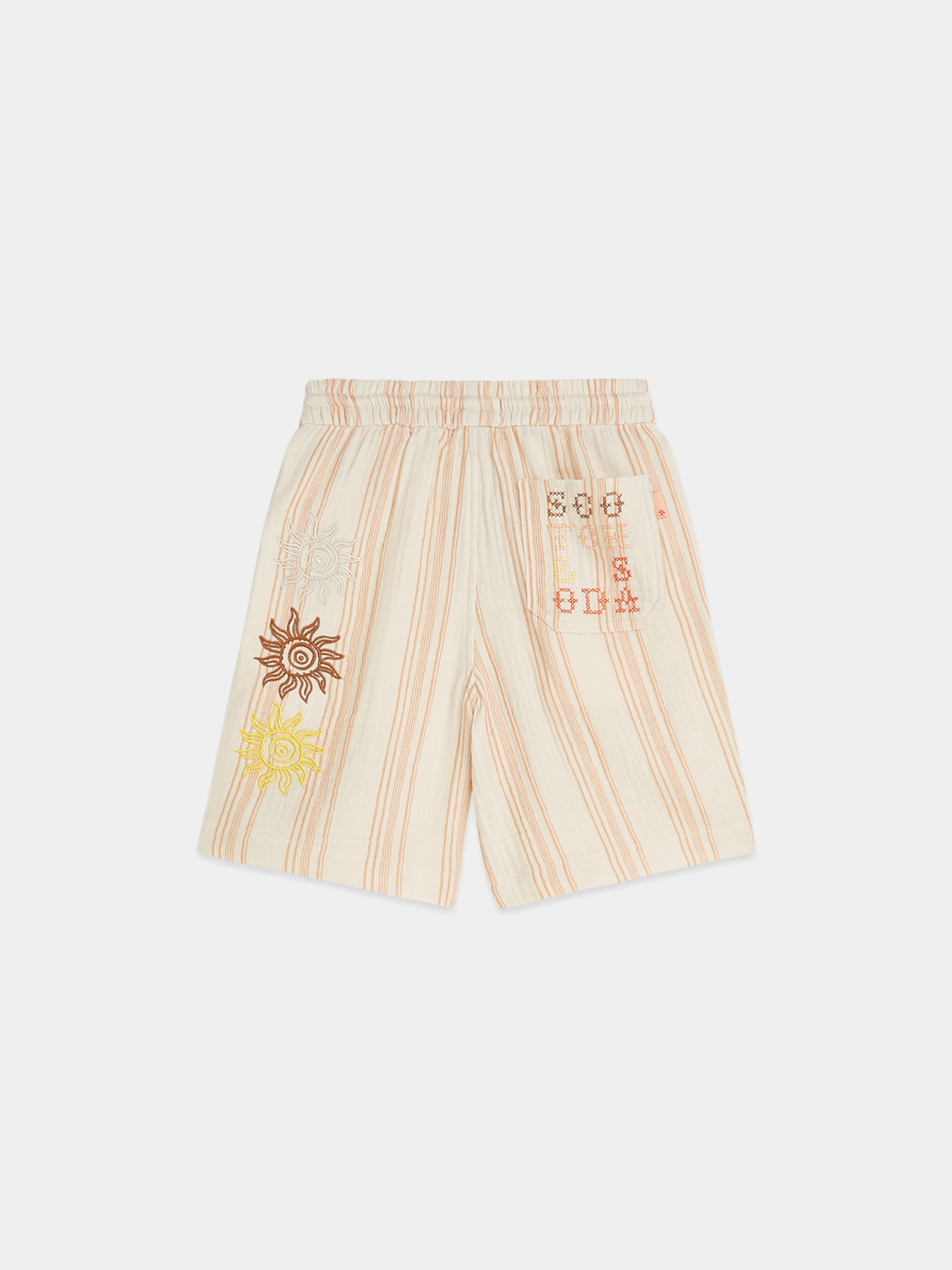 Kids' embroidered striped shorts by Scotch & Soda, featuring colorful pastel stripes and detailed embroidery on the fabric.