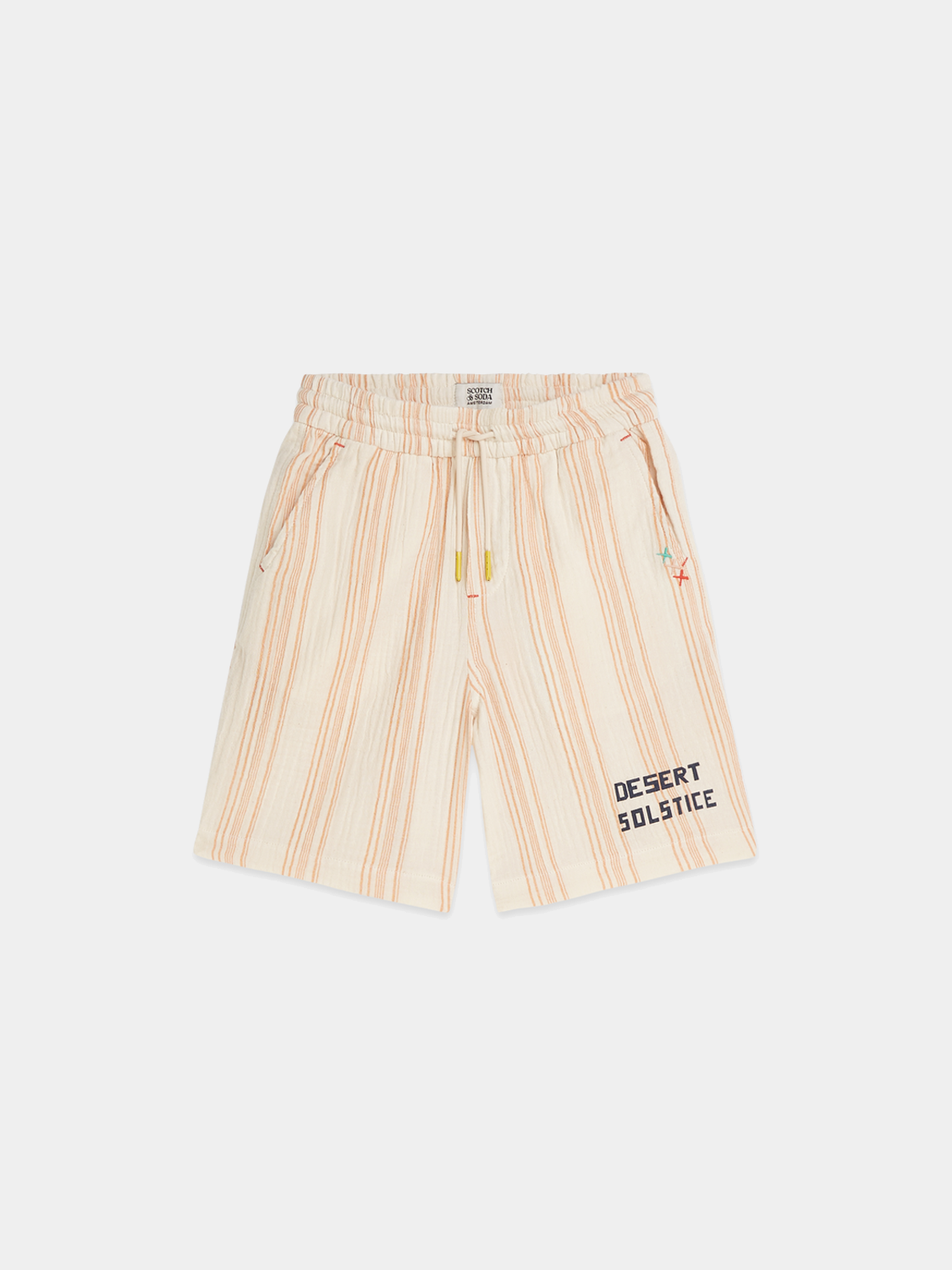 Kids' embroidered striped shorts by Scotch & Soda with colorful pattern, featuring soft fabric and comfortable fit.