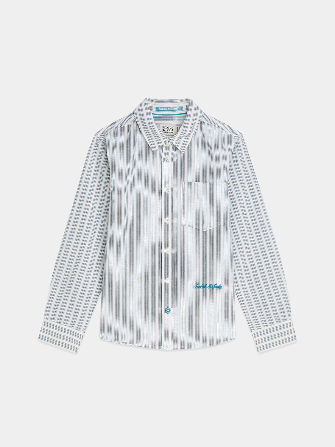 Kids' striped linen long-sleeve shirt by Scotch & Soda, featuring colorful vertical stripes and a casual collar.