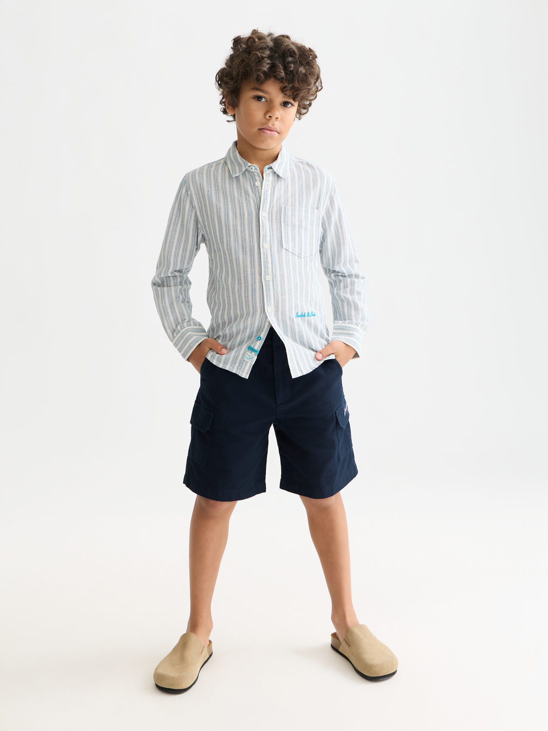 Kids striped linen long-sleeve shirt by Scotch & Soda, featuring colorful stripes and a comfortable fit.