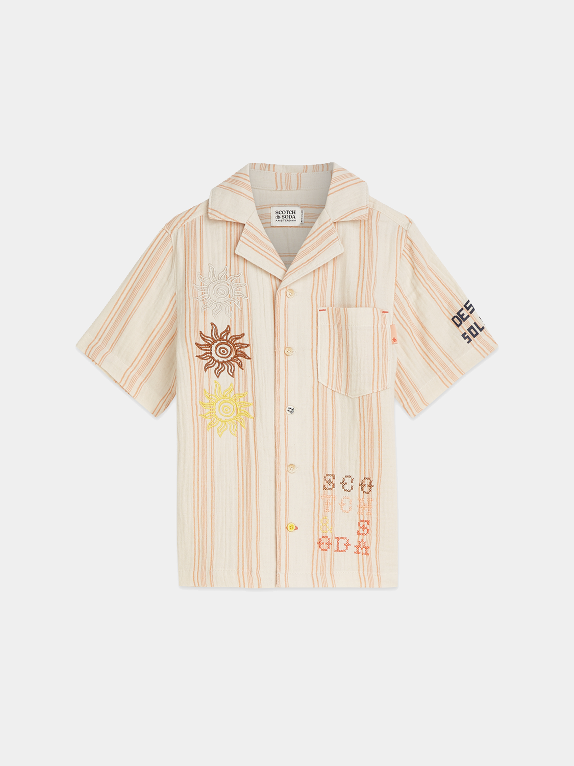 Kids embroidered short-sleeved shirt by Scotch & Soda featuring colorful embroidered details on a lightweight fabric.