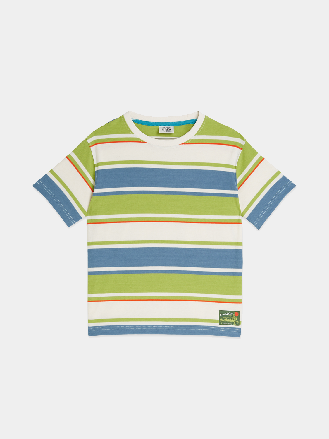 Kids' striped short-sleeve t-shirt by Scotch & Soda with colorful horizontal stripes and a classic crew neckline.