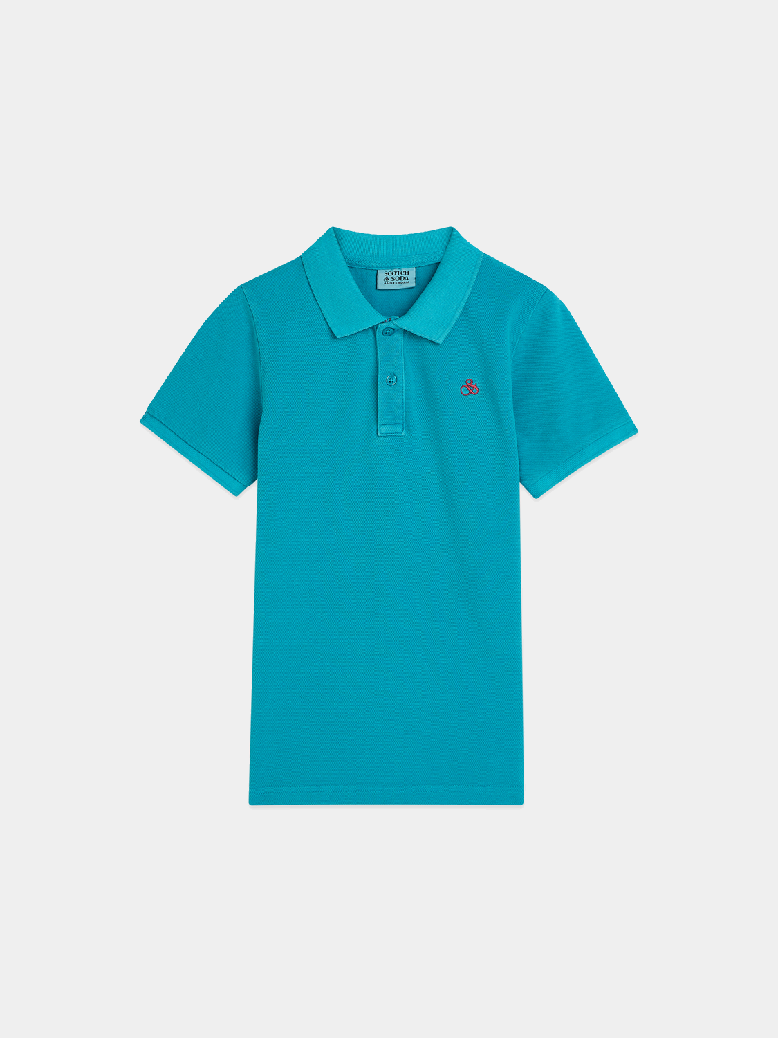 Kids' garment-dyed pique polo shirt by Scotch & Soda, showing a close-up of the soft, colorful fabric and classic polo collar.