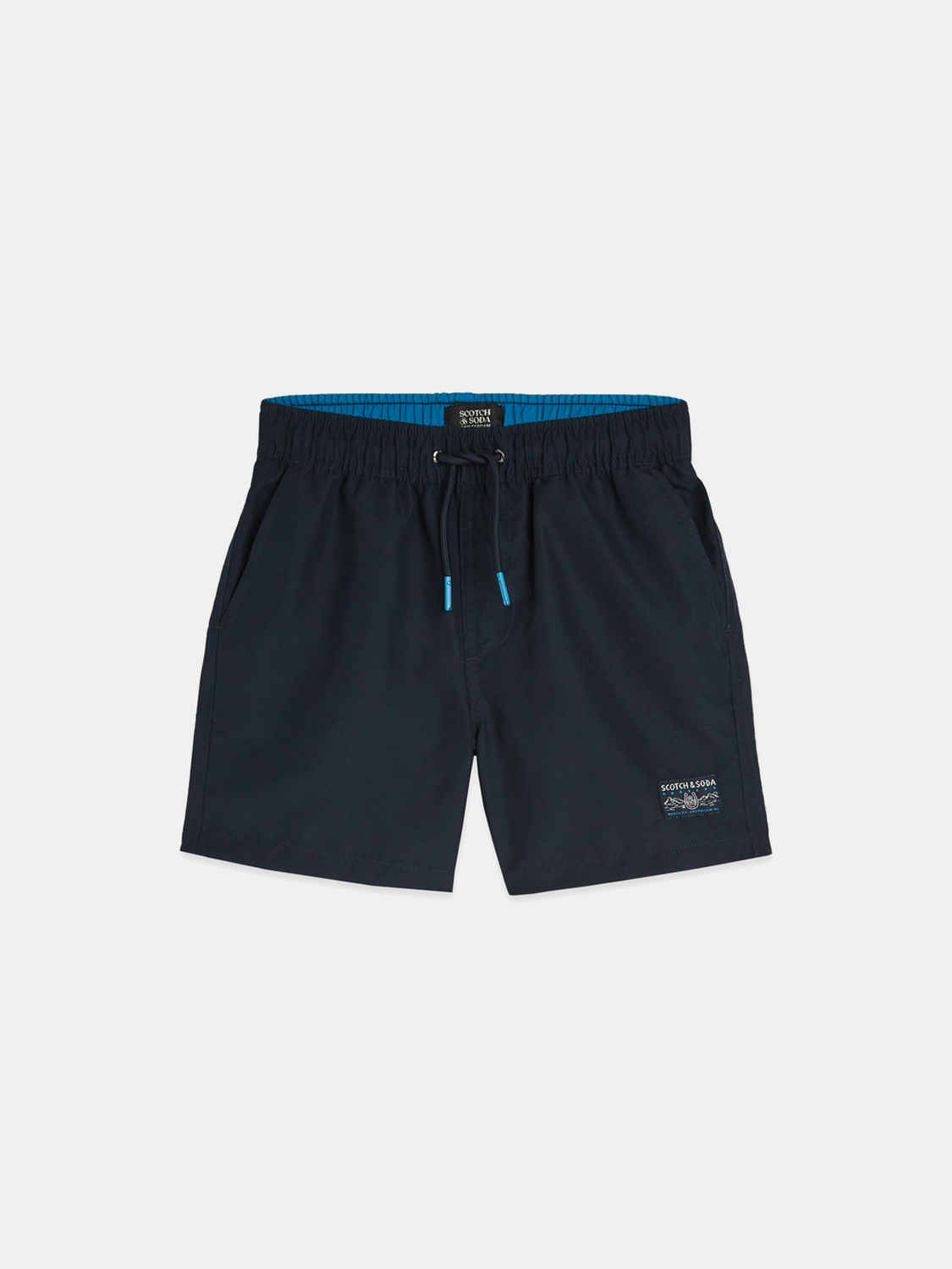 Kids' mid-length swimshorts by Scotch & Soda with colorful, aquatic print, ideal for summer beachwear and swimming activities.