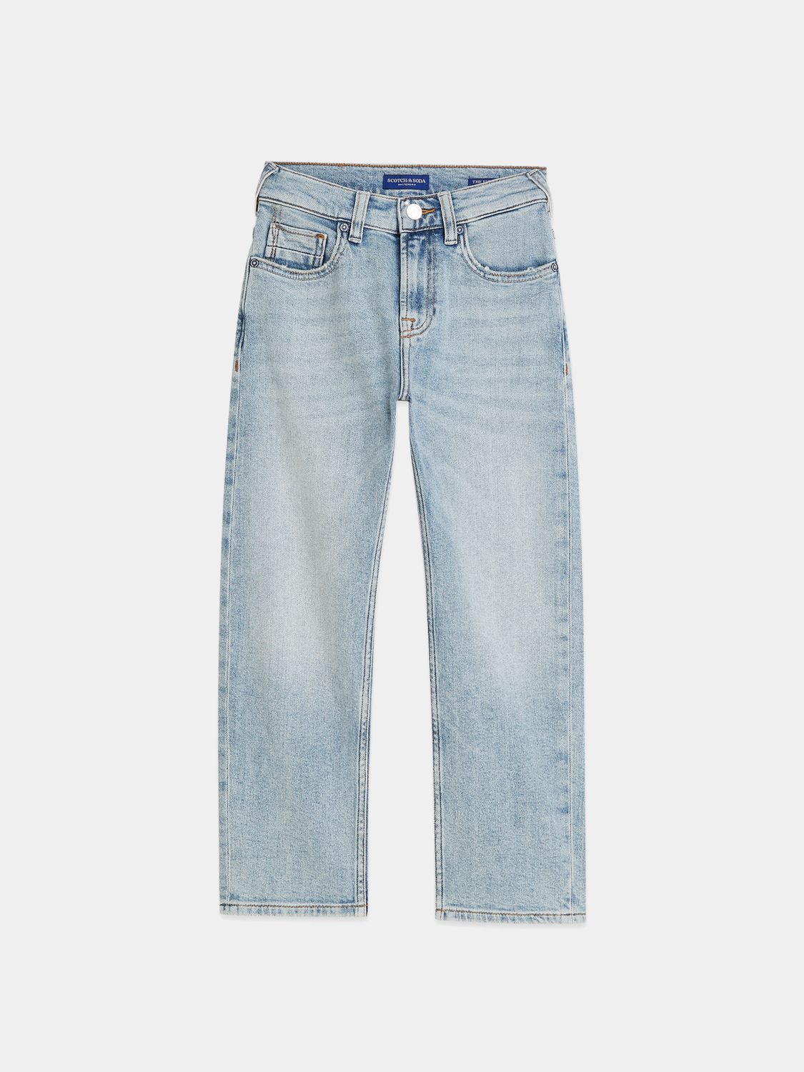 Kids' loose-fit denim jeans by Scotch & Soda, showing the front view with classic five-pocket design and light wash.