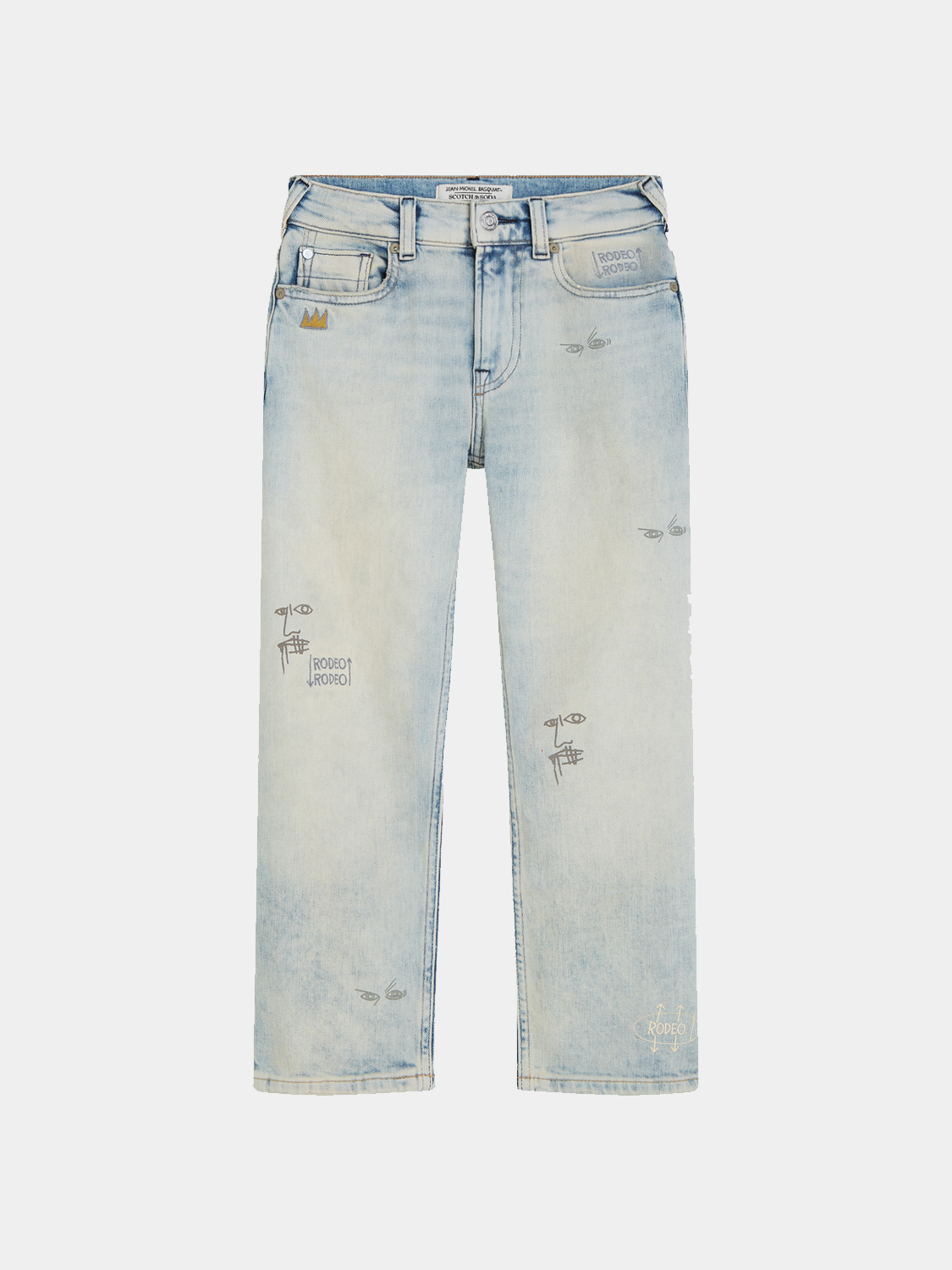 Kids' loose-fit denim jeans by Scotch & Soda featuring Basquiat-inspired design and casual style, shown in the front view.