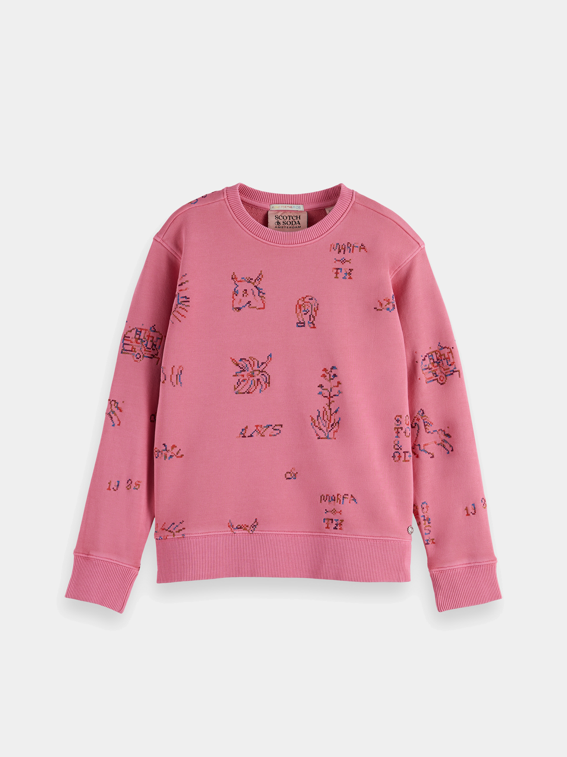 Kids' embroidered sweatshirt by Scotch & Soda featuring colorful embroidery on a cozy sweats fabric.