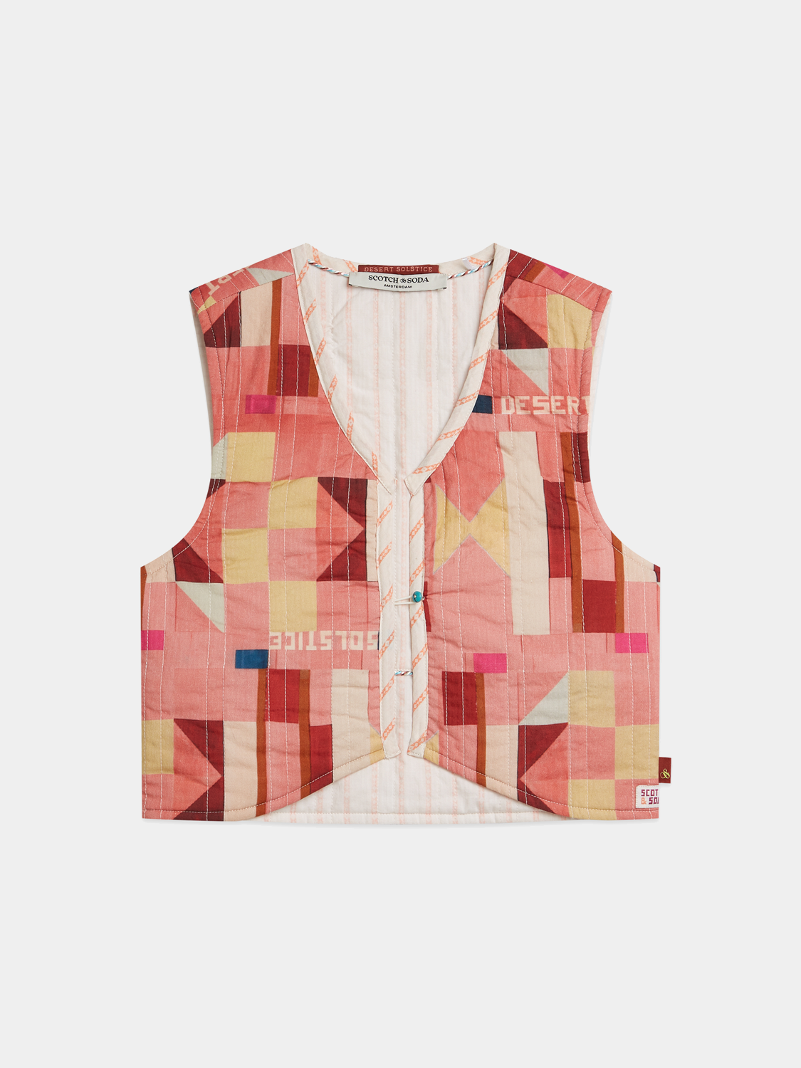 Kids reversible gilet by Scotch & Soda, showing front and back views in bright colors with zipper and quilted design.
