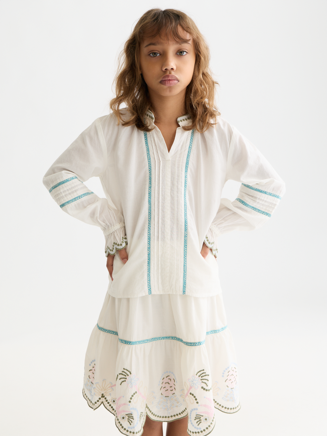 Kids' long sleeve embroidered cuff shirt by Scotch & Soda, featuring detailed embroidery and classic design in the image.