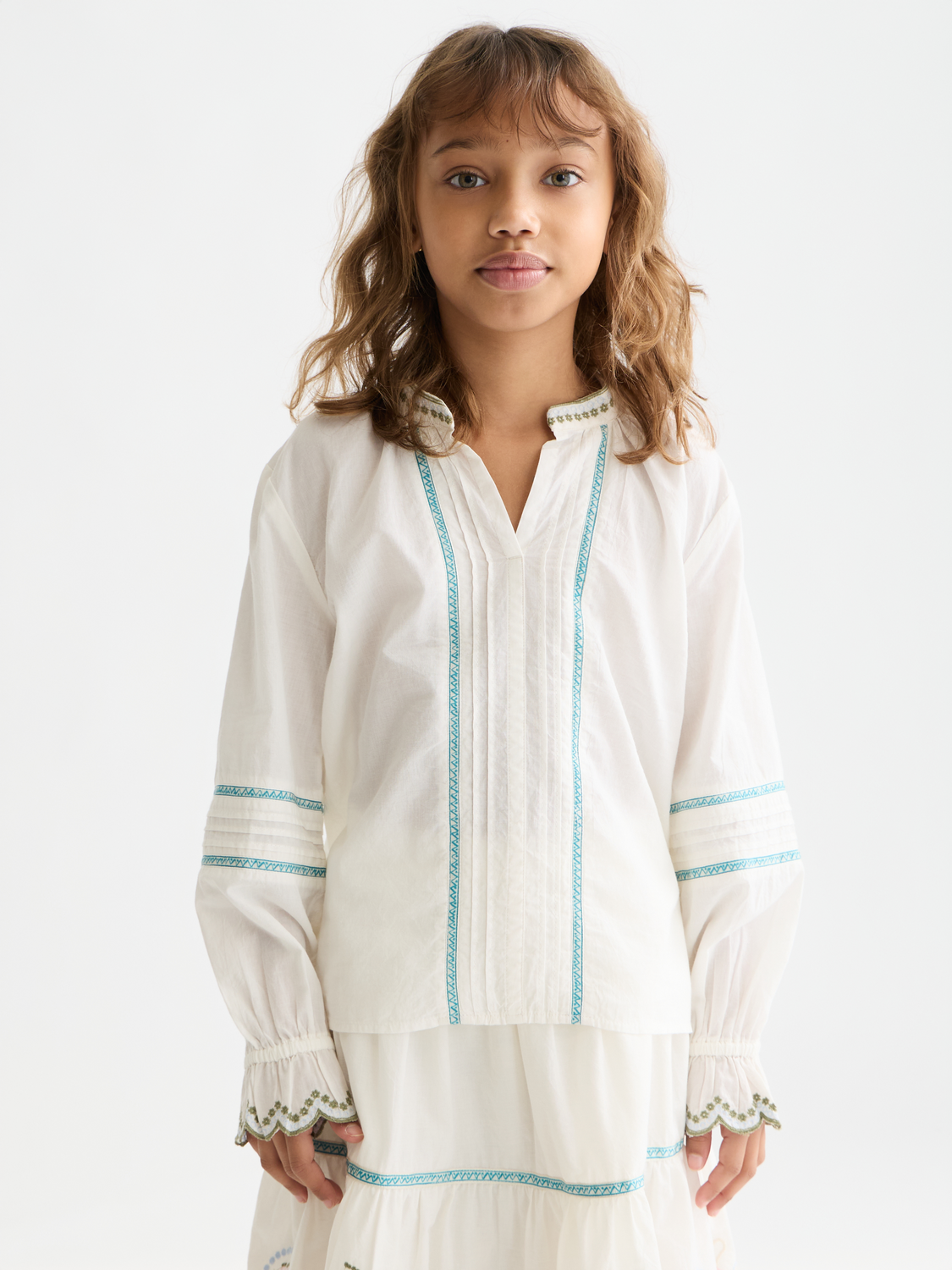 Kids' long sleeve embroidered cuff shirt by Scotch & Soda, featuring detailed embroidery and classic design.