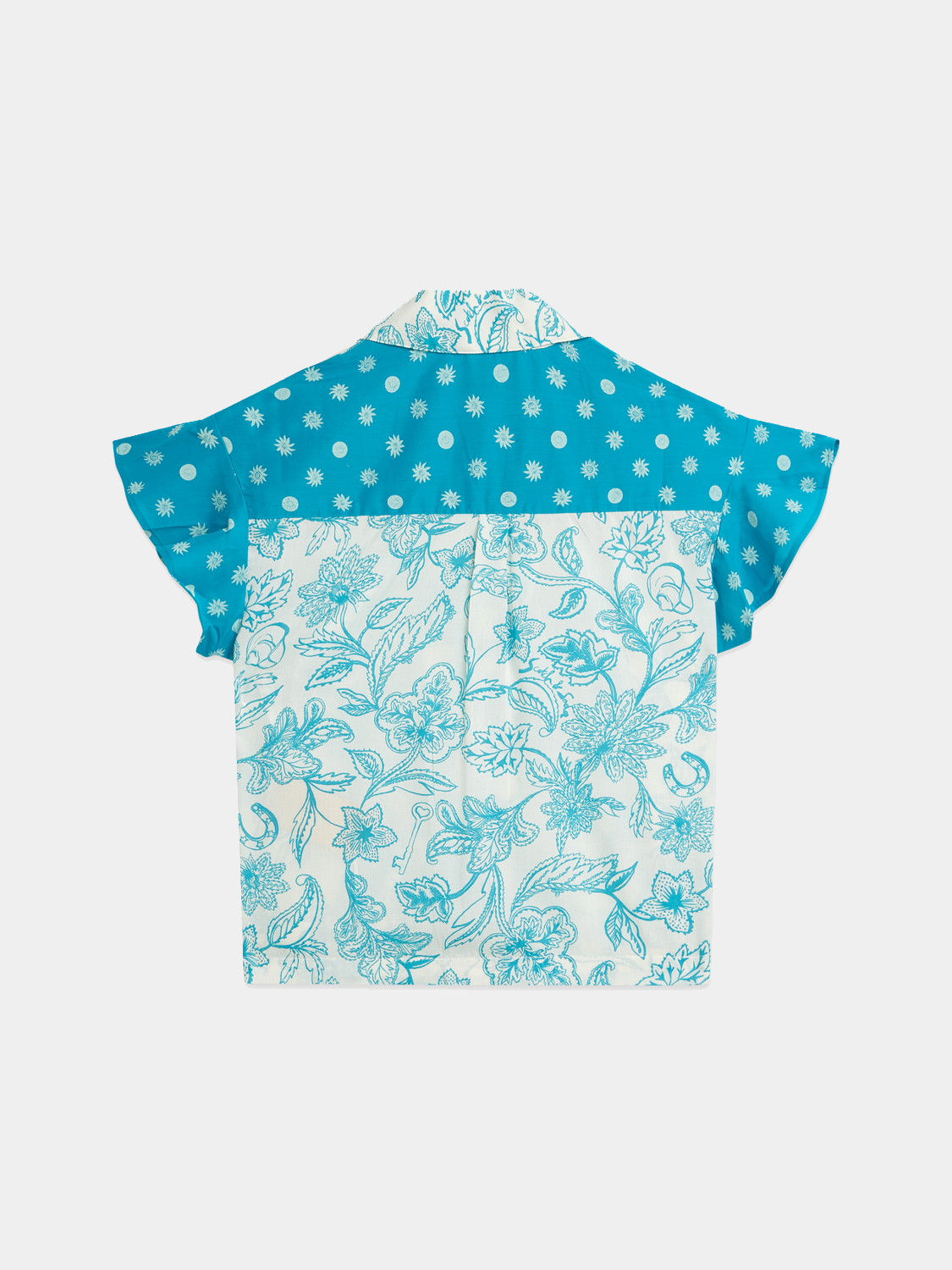 Kids' printed ruffle shirt by Scotch & Soda, short sleeve design with colorful floral pattern and ruffled collar.