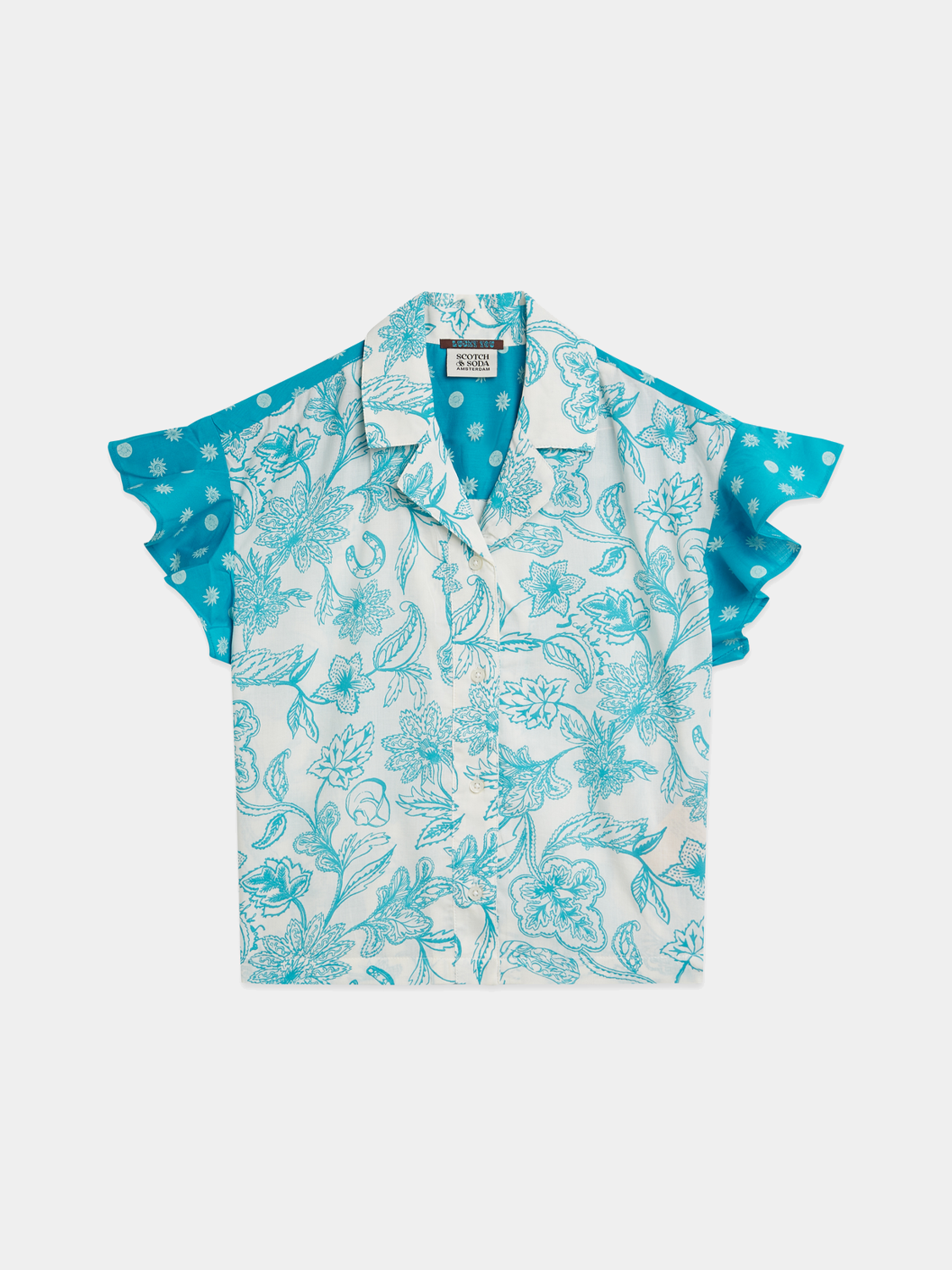 Kids printed ruffle shirt from Scotch & Soda, short sleeve design with colorful floral pattern and ruffled collar.