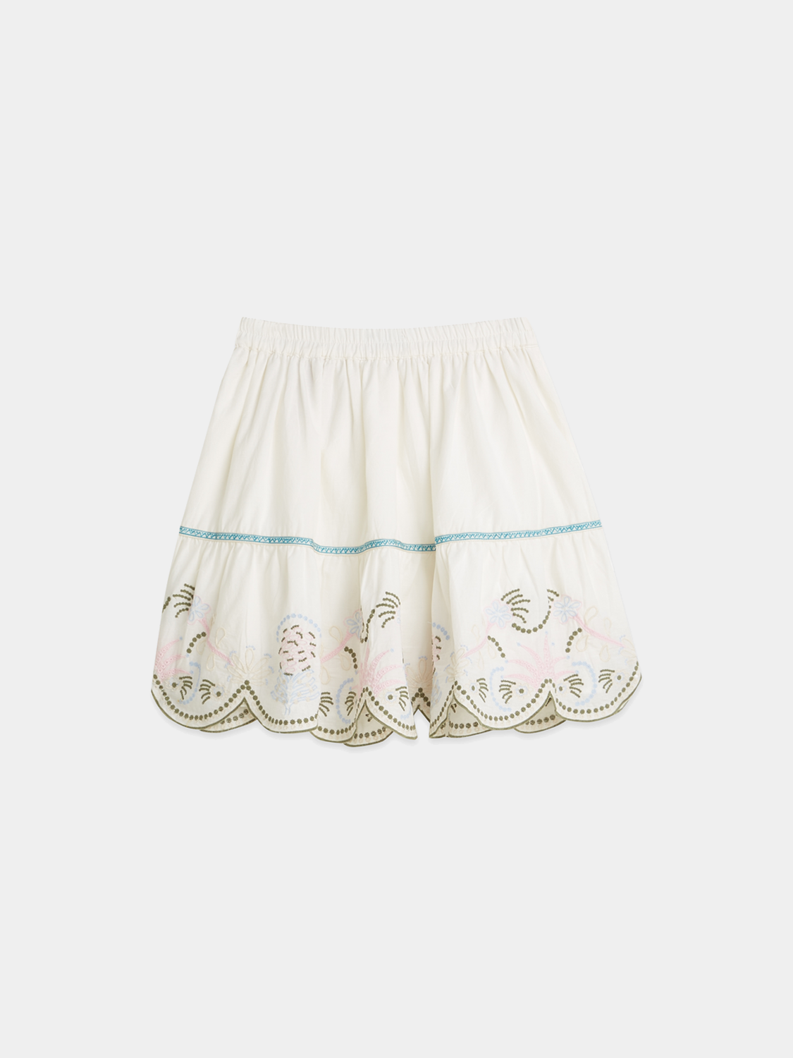 Kids embroidered skirt by Scotch & Soda featuring colorful floral embroidery and a playful design, displayed on a white background.