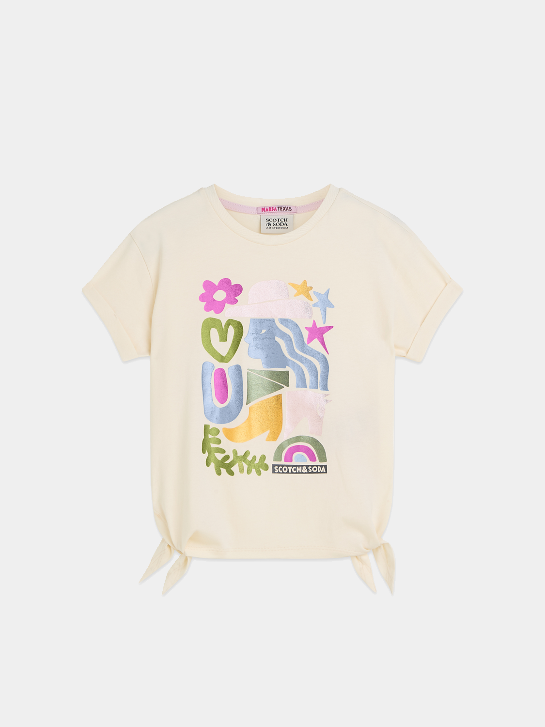 Kids' short-sleeve knotted artwork t-shirt by Scotch & Soda, featuring colorful graphic design on soft cotton fabric.