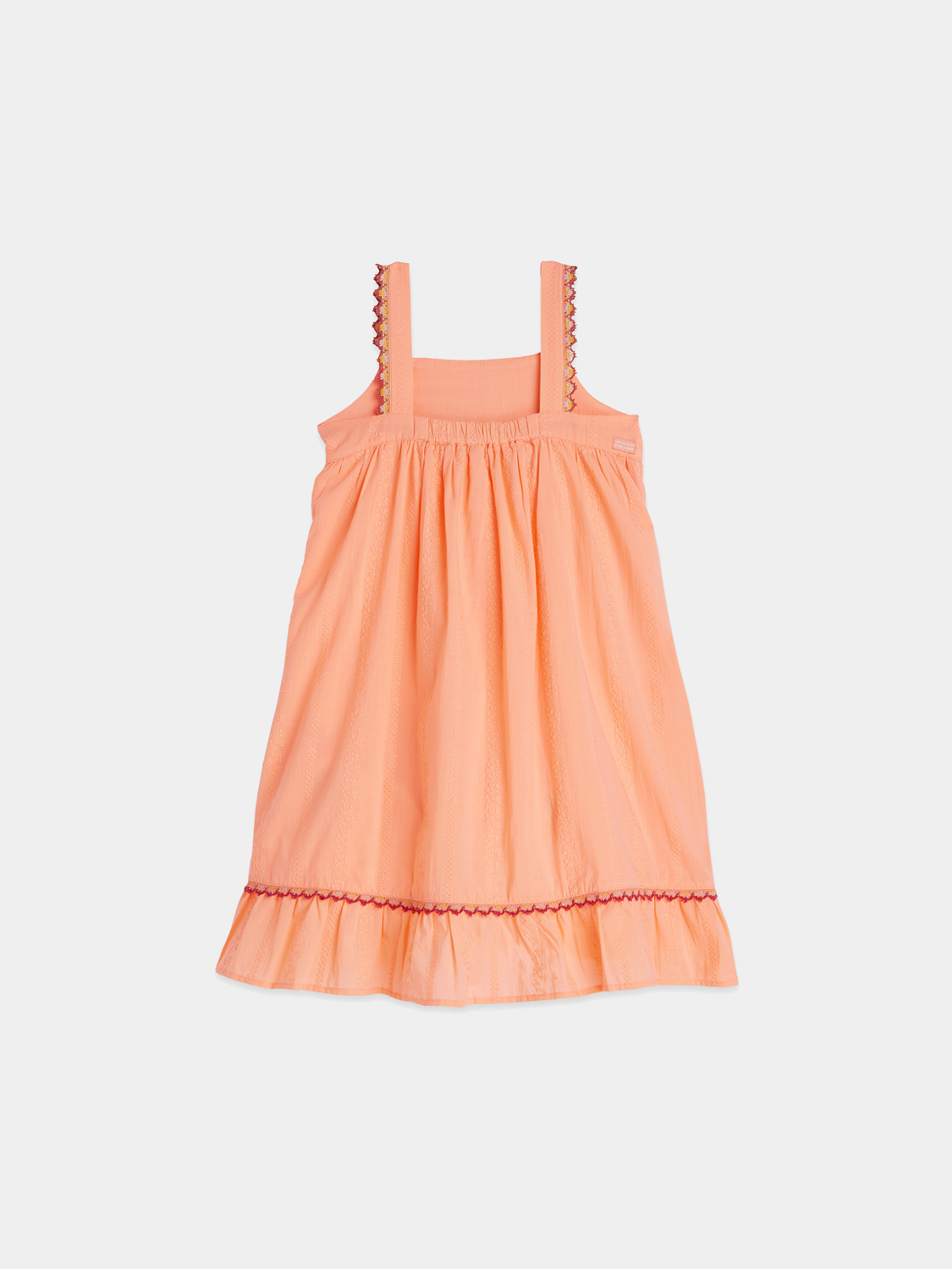 Kids embroidered striped dress by Scotch & Soda, featuring colorful vertical stripes and decorative embroidery on the front.