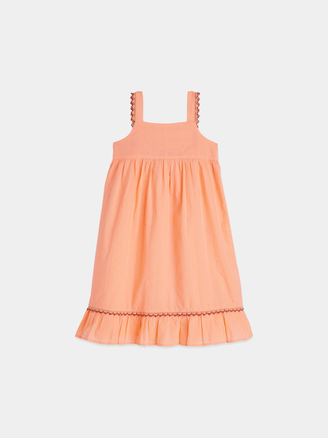 Kids embroidered striped dress by Scotch & Soda, featuring colorful vertical stripes and detailed embroidery on the front.