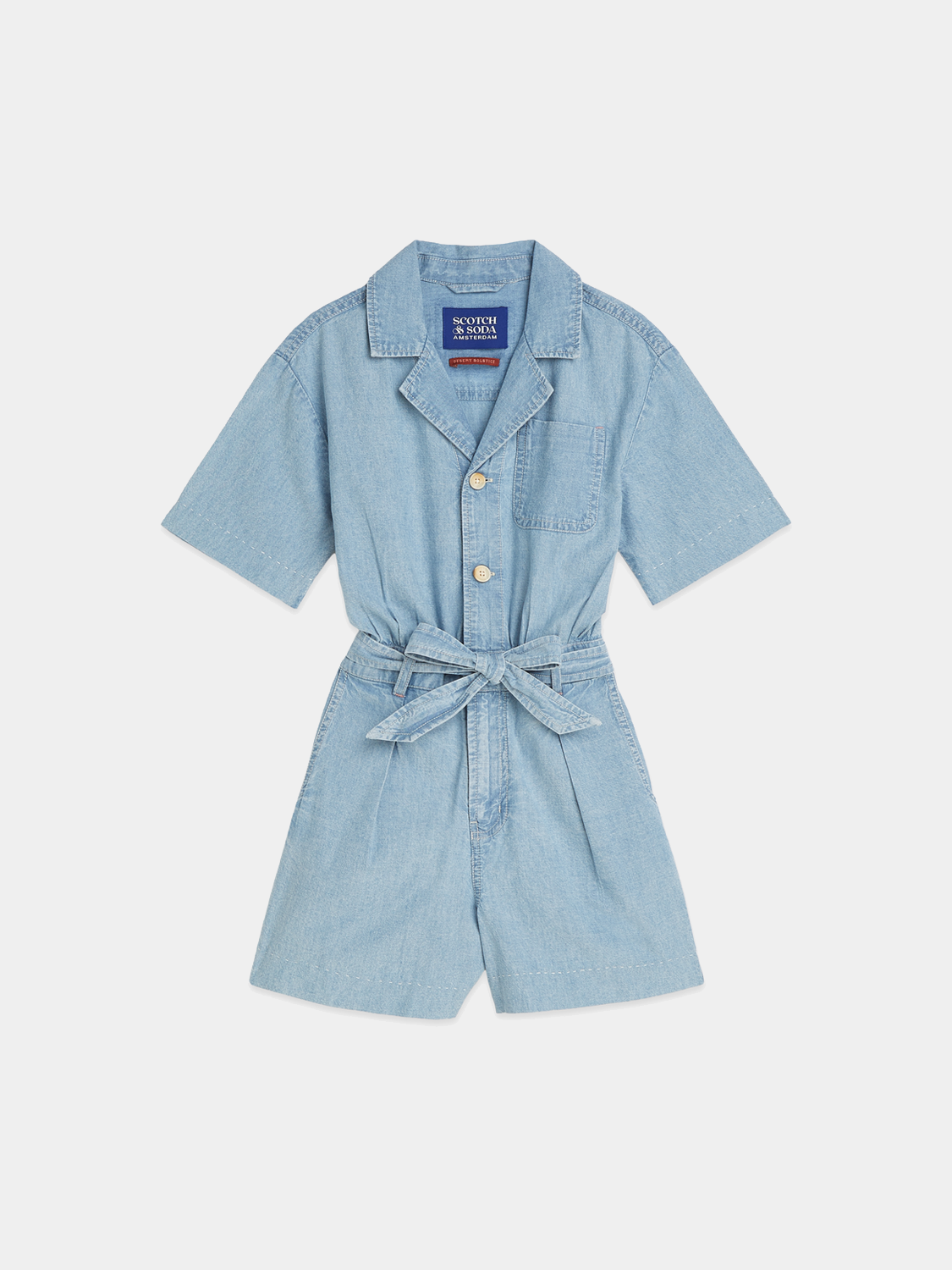 Kids' chambray playsuit by Scotch & Soda, featuring a casual jumpsuit design with short sleeves and button details.