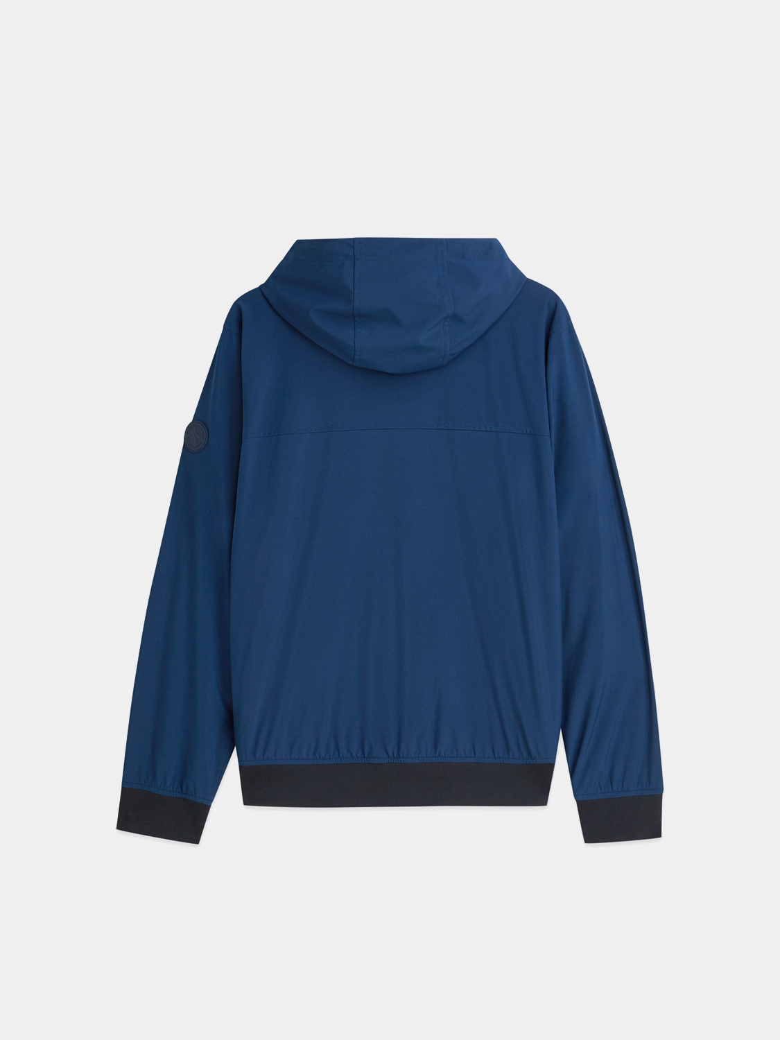Black Scotch & Soda softshell hooded jacket displayed on a hanger with front zipper and adjustable drawstrings.