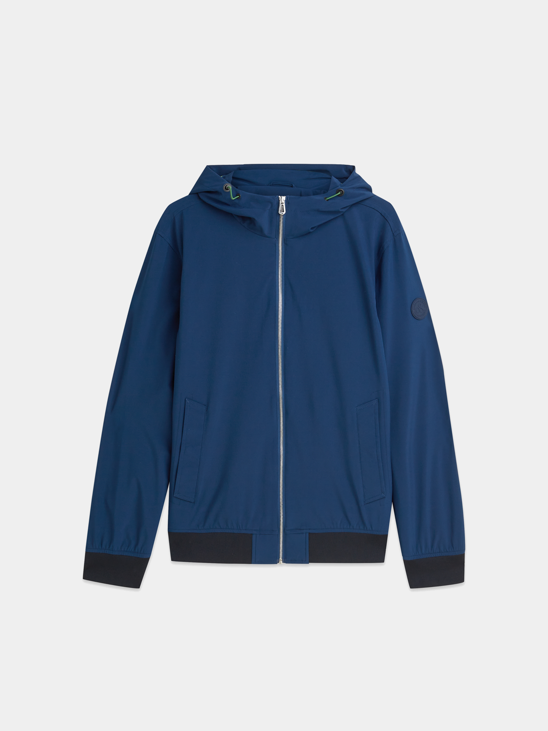SCOTCH & SODA softshell hooded jacket shown, featuring a front view with a hood, zippers, and sleek design for outdoor wear.