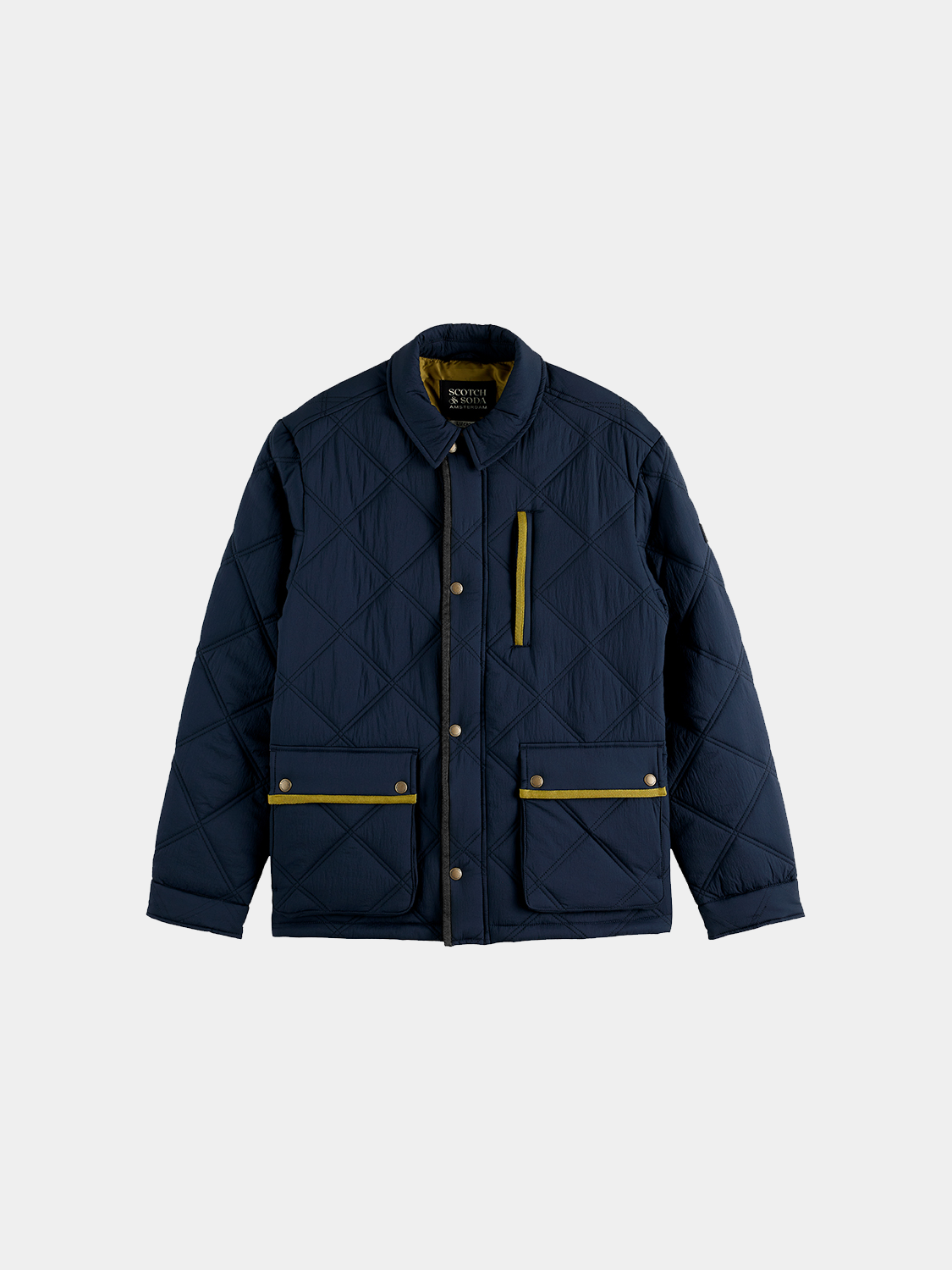 Scotch & Soda quilted jacket featuring a puffy design, zip closure, and stand collar, suitable for cold weather.