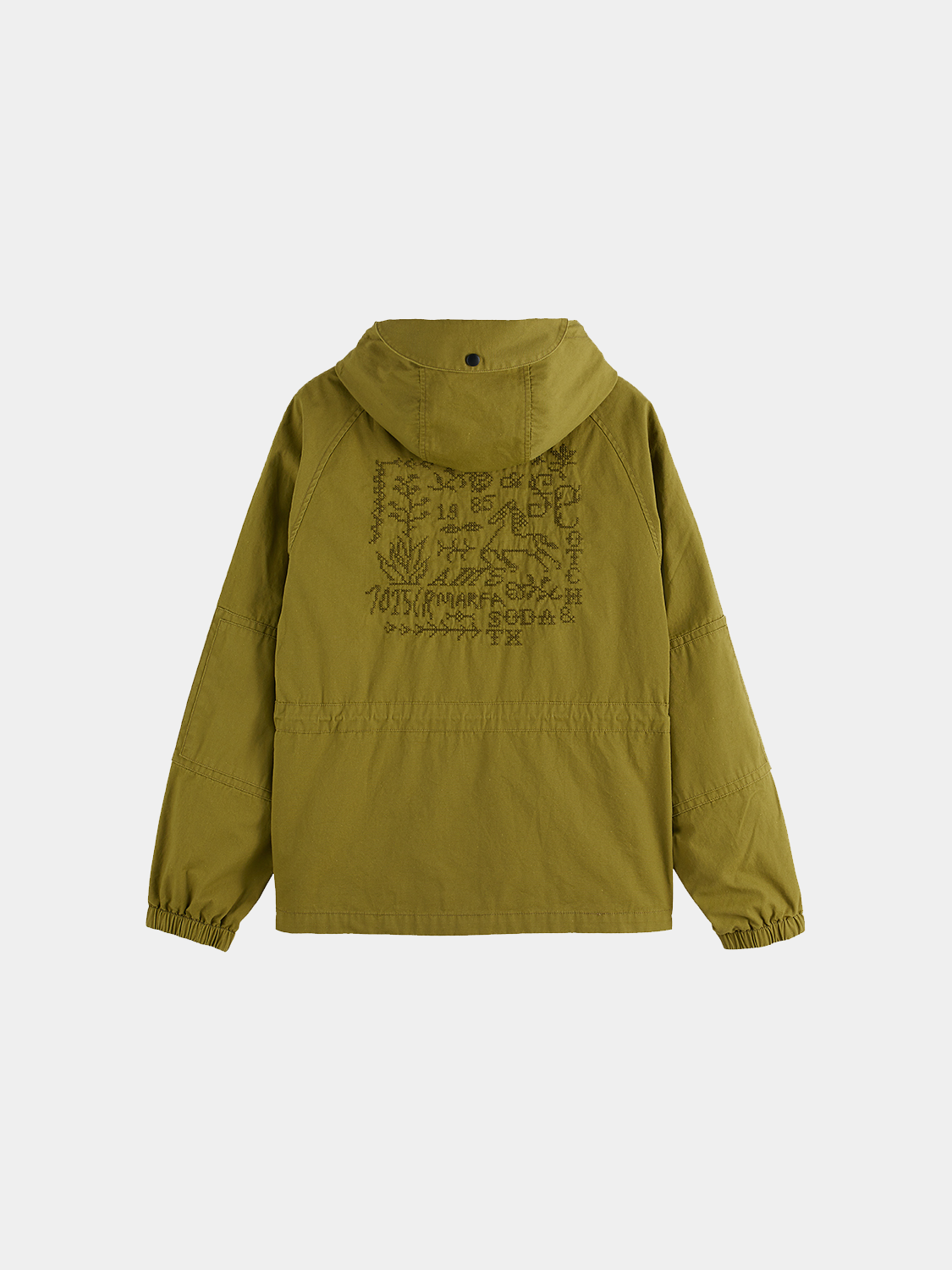 Heritage Scotch & Soda smock jacket with front pockets, button closure, and relaxed fit, displayed on a hanger.