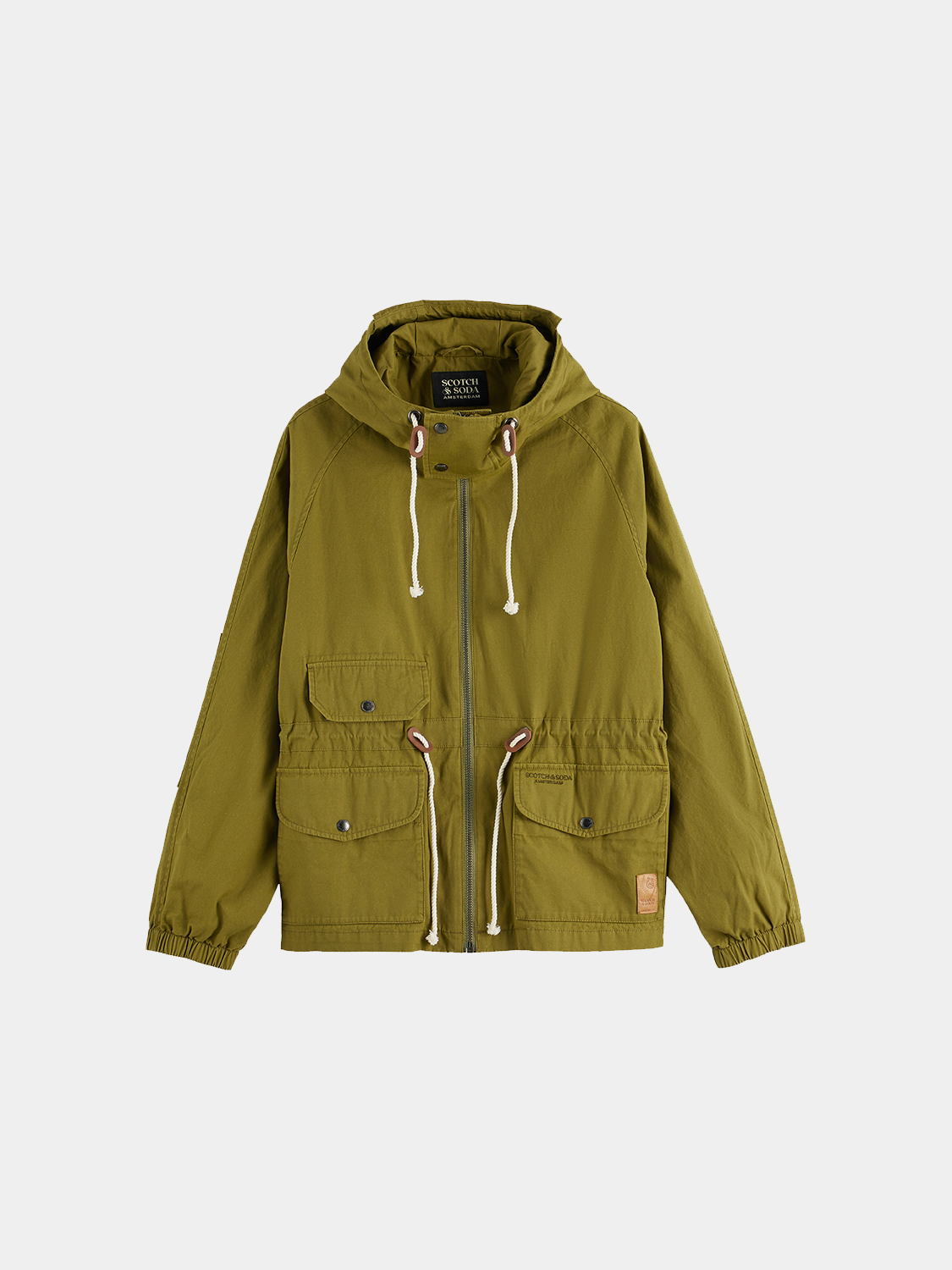 Heritage SCOTCH & SODA smock jacket featuring a classic design, front pockets, and button closure, displayed on a hanger.