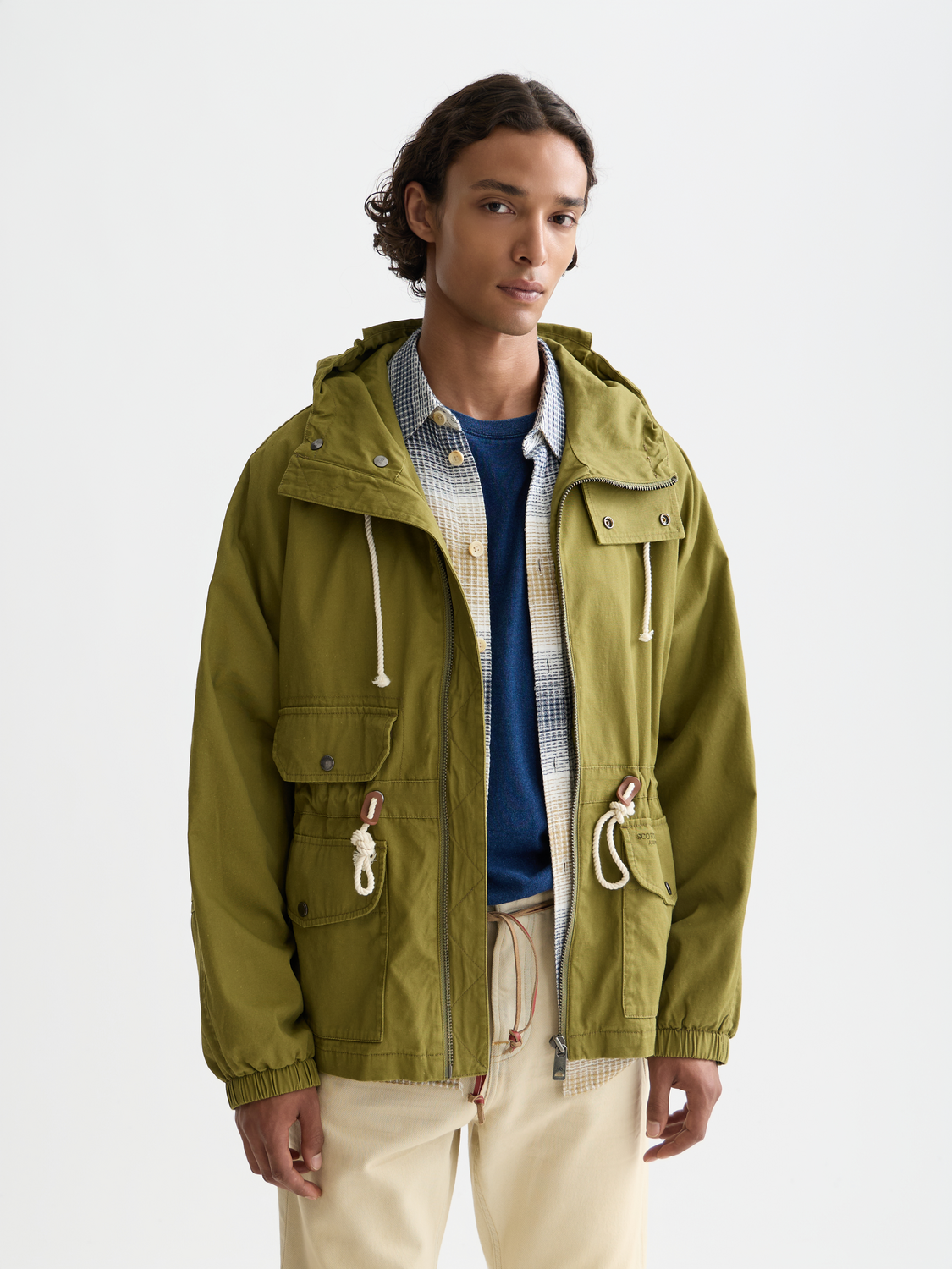 SCOTCH & SODA Heritage smock jacket in dark green with button details, front view showing classic casual style.