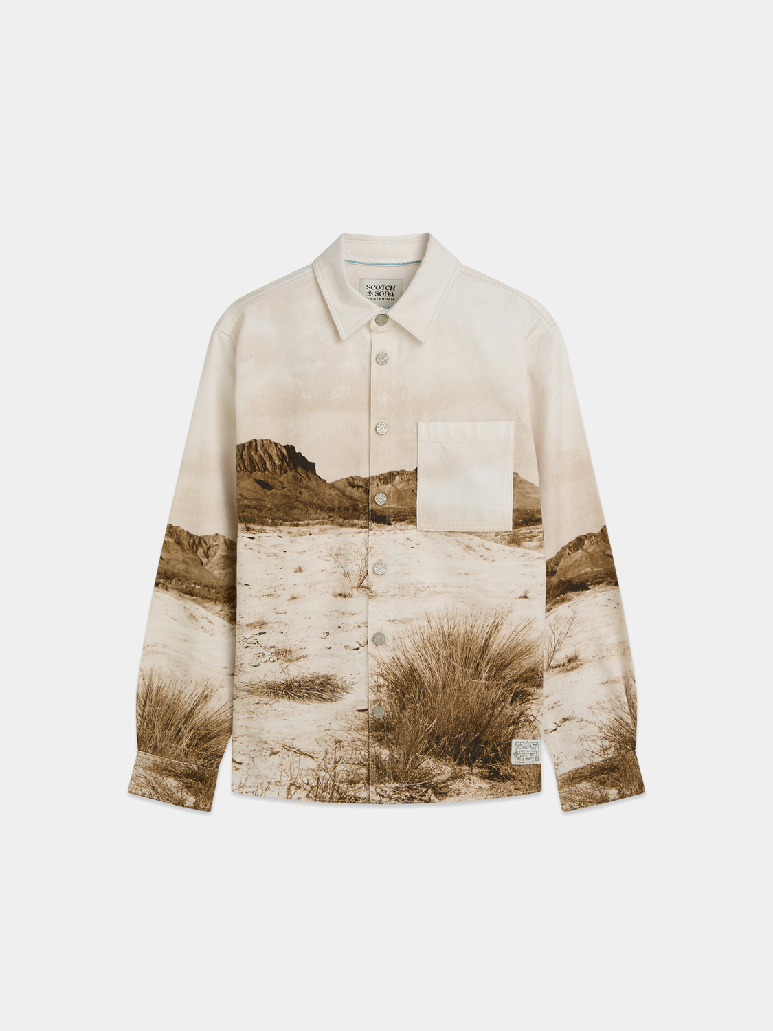 Scotch & Soda scenery overshirt jacket with vibrant outdoor print, button-up front, and classic collar, casual streetwear style.