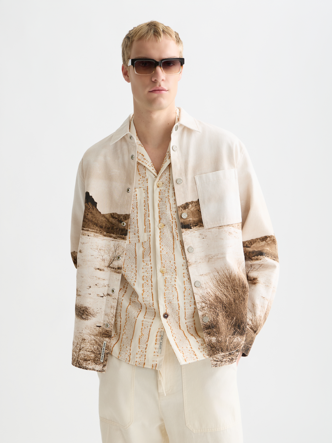 Scotch & Soda scenery overshirt jacket with scenic print, featuring a relaxed fit and button-front design.