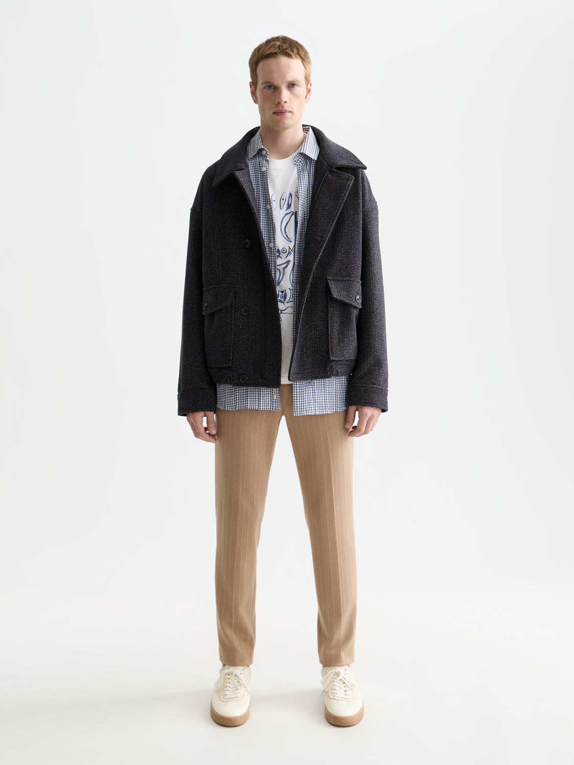 Textured Scotch & Soda jacket with a stylish design, shown in a front view, highlighting the fabric's detailed pattern.