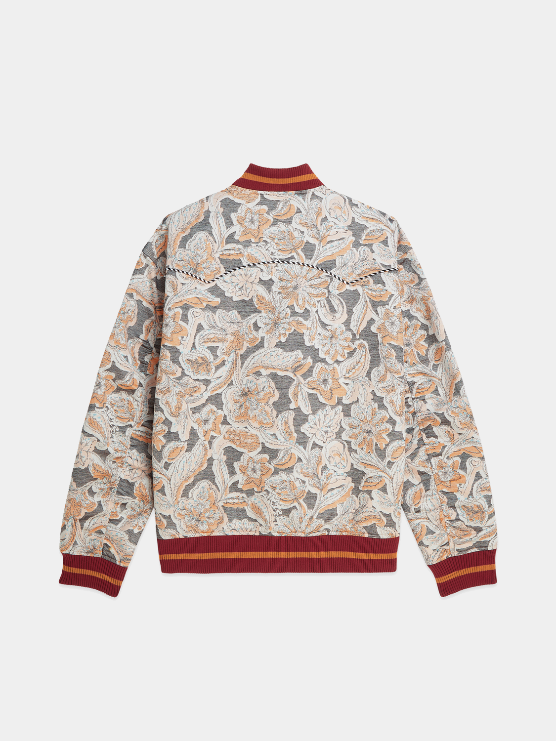 Scotch & Soda jacquard souvenir jacket with detailed woven pattern and classic collar, showcasing stylish outerwear design.