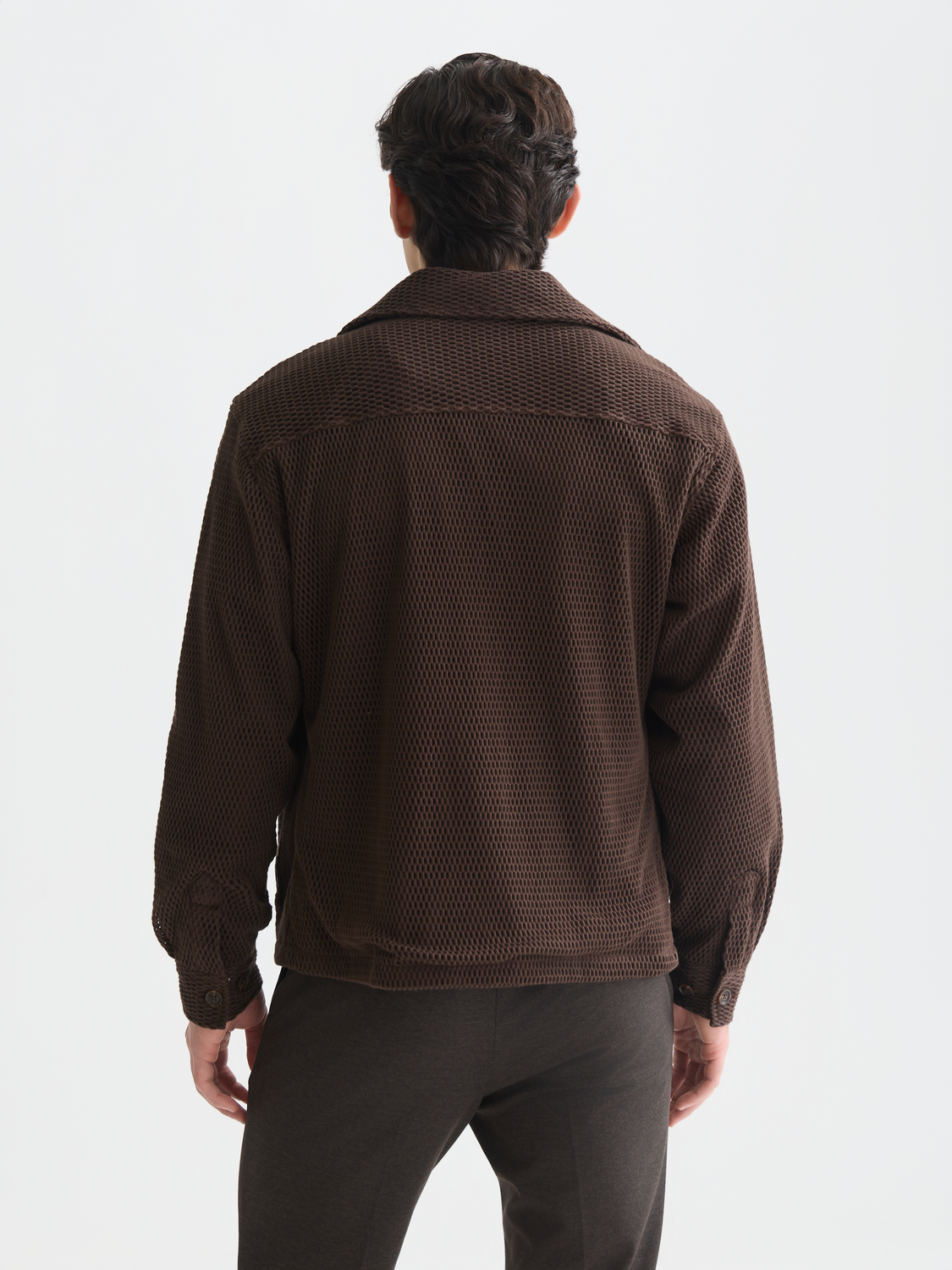 SCOTCH & SODA structured overshirt jacket in gray with a collar and button-front design, shown from the back.