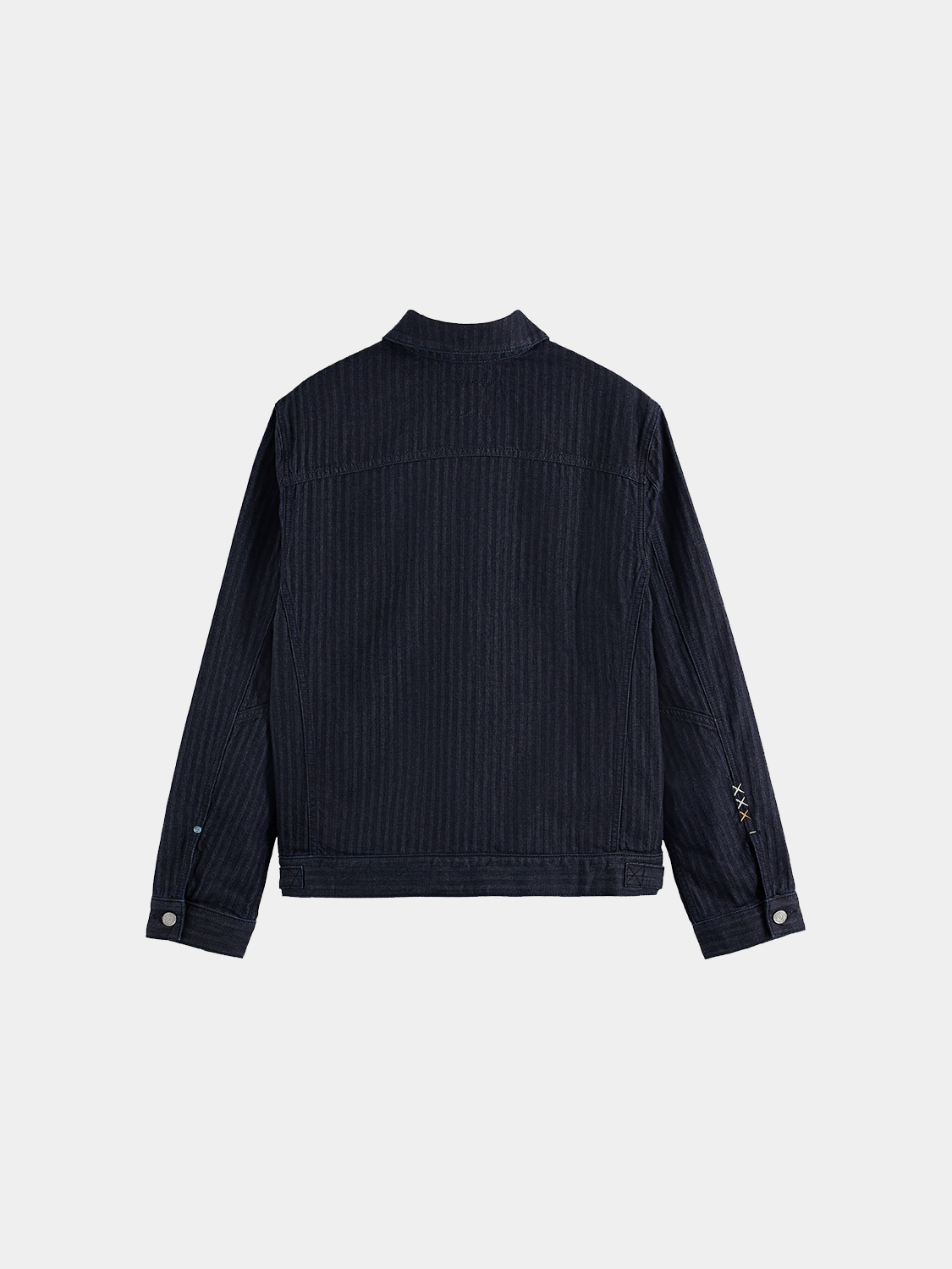 Black Scotch & Soda trucker jacket with button front and classic fit, showing detailed stitching and collar.