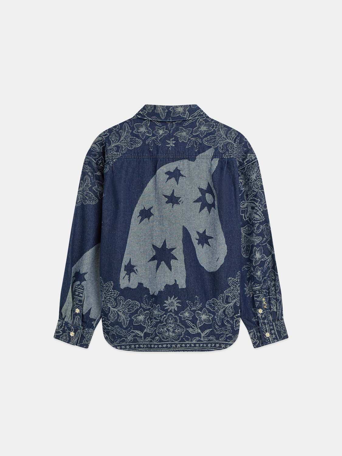 Dark denim jacquard overshirt jacket by Scotch & Soda, featuring textured pattern and classic button-down design.