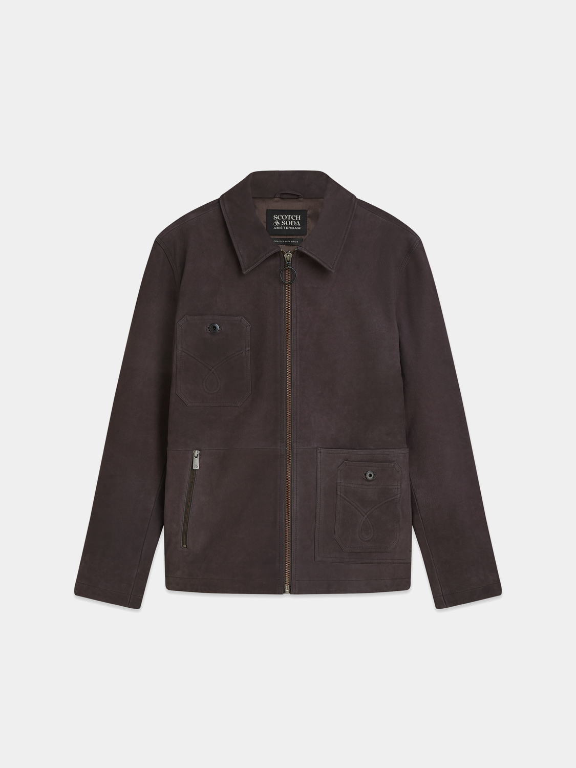 SCOTCH & SODA suede leather jacket featuring a classic design, with visible texture and stylish collar detail.