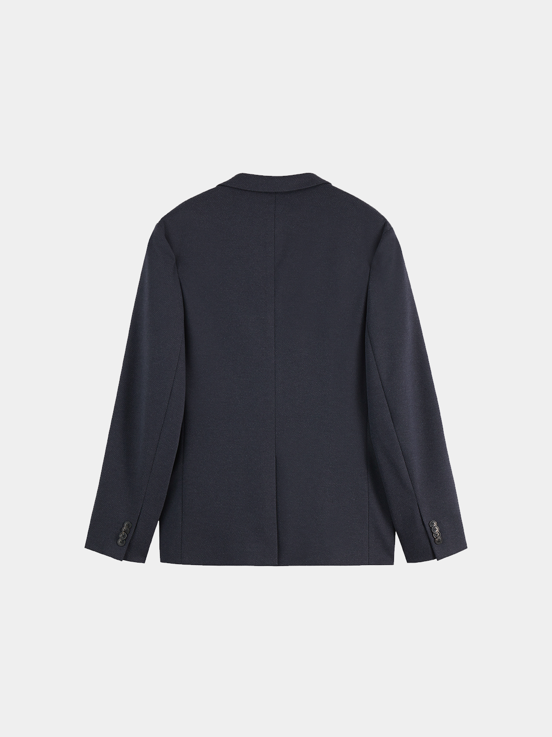 Dark navy Scotch & Soda single-breasted blazer with notch lapels and structured fit, displayed on a hanger.