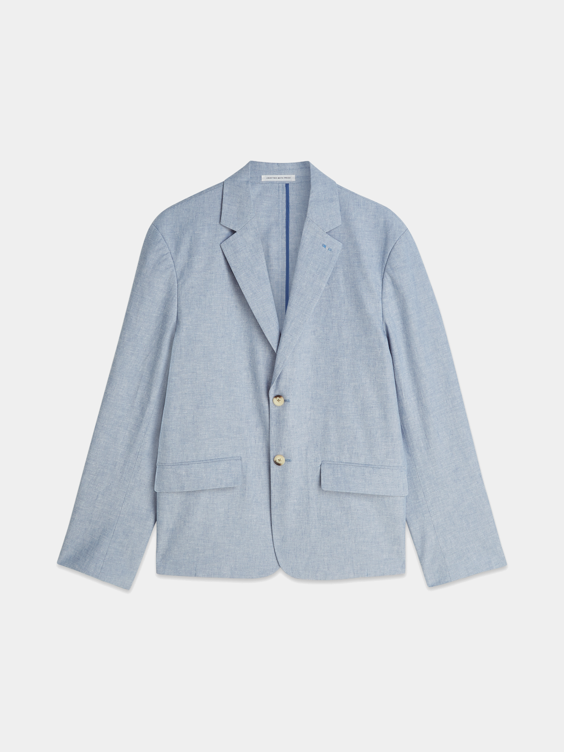 Unconstructed blazer by Scotch & Soda featuring a tailored fit, classic lapel, and neutral color, displayed on a hanger.