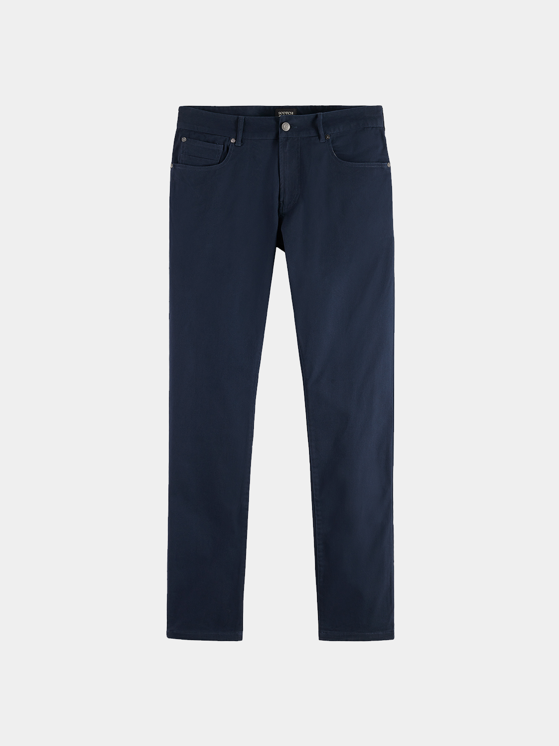 SCOTCH & SODA Ralston slim-fit pants, navy blue with front pockets, displayed flat on a white background.