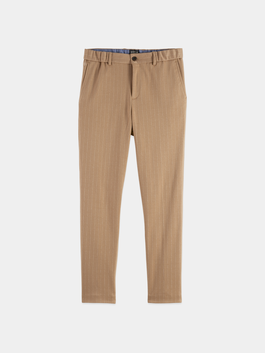 SCOTCH & SODA Finch tapered-fit pants in neutral fabric, showing the slim leg design and front pockets.
