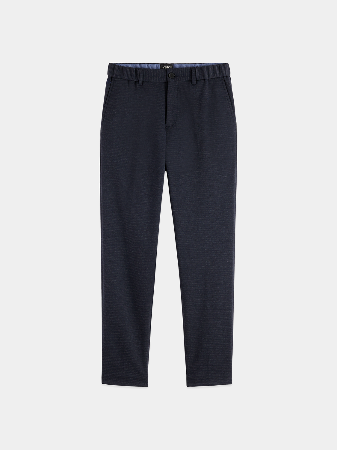 Scotch & Soda Finch tapered-fit pants in dark fabric, featuring a slim cut and classic style, shown on a model.