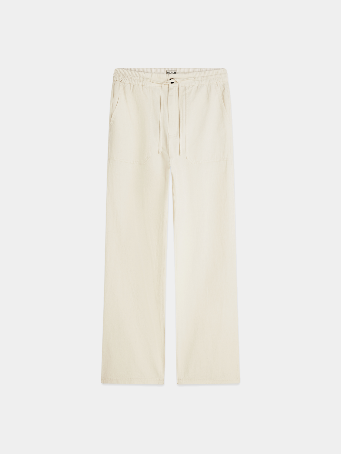 Scotch & Soda Otis straight-fit jogger pants in neutral fabric, showing front view with waistband and pockets.