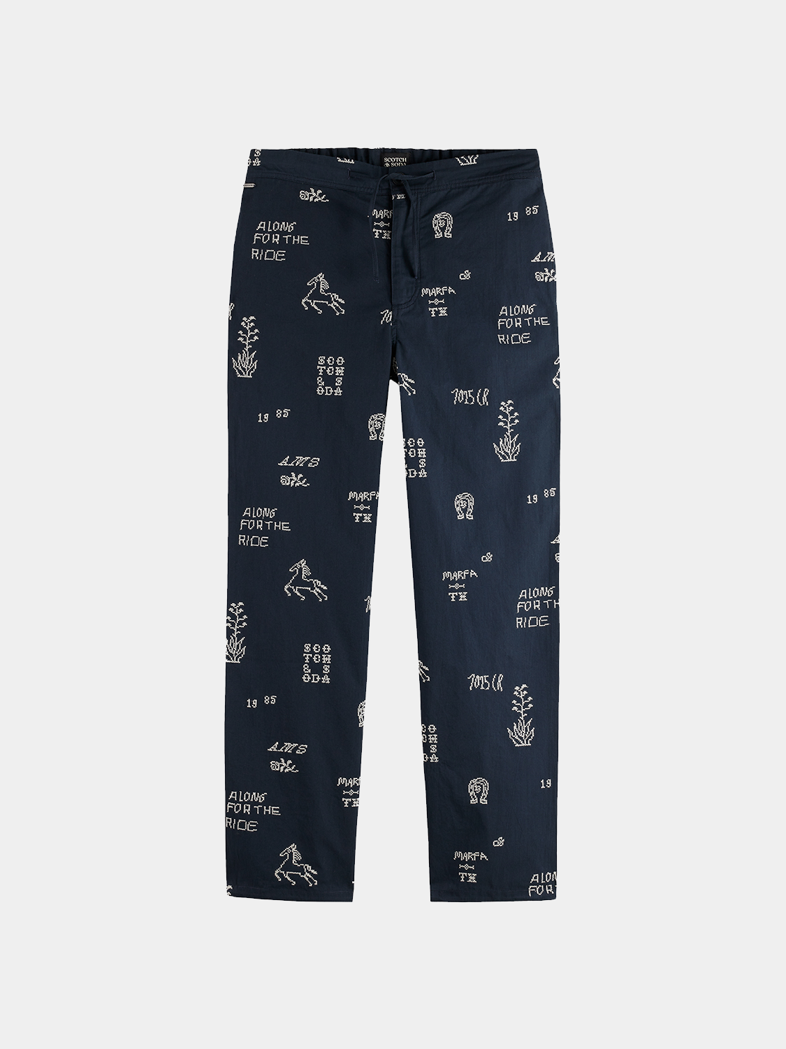 Embroidered Scotch & Soda chinos pants with detailed stitching, slim fit, and classic design on a neutral background.
