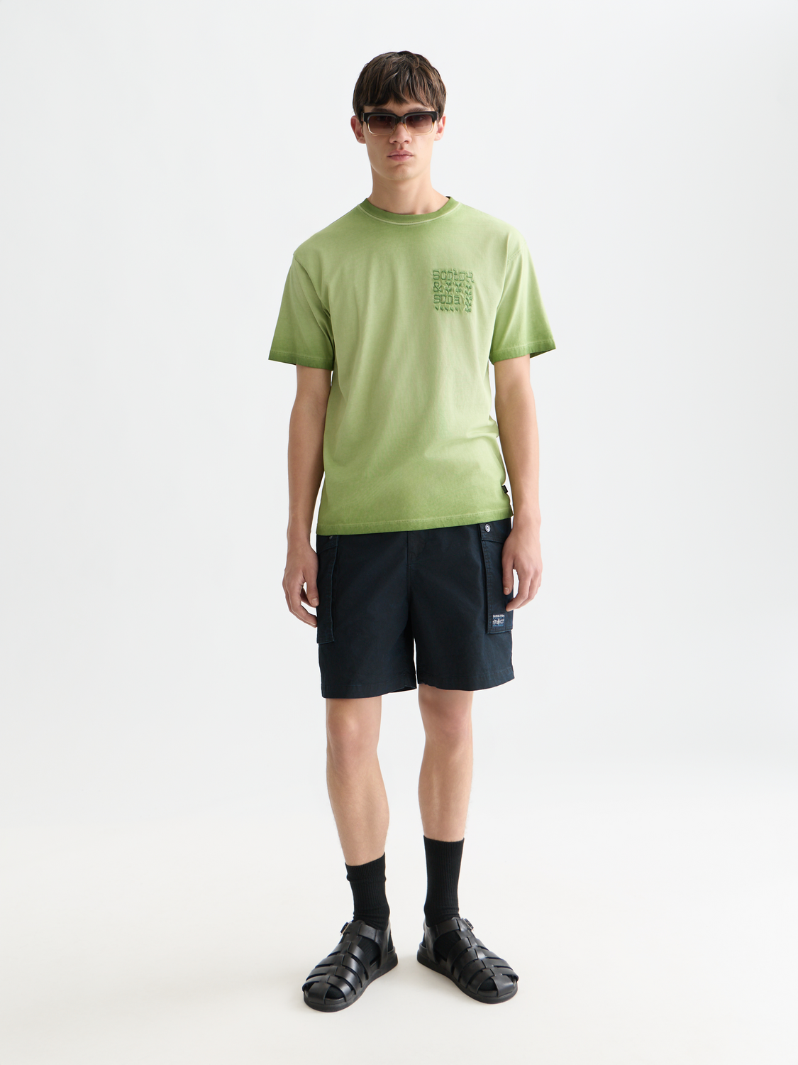 Dark gray Scotch & Soda cargo shorts with multiple pockets, displayed flat on a white background.