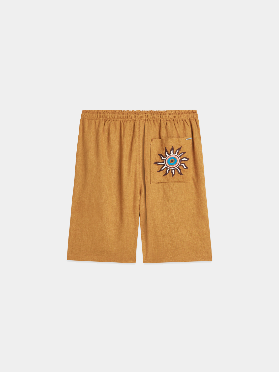 Embroidered shorts by Scotch & Soda featuring colorful floral embroidery on lightweight fabric, back view.
