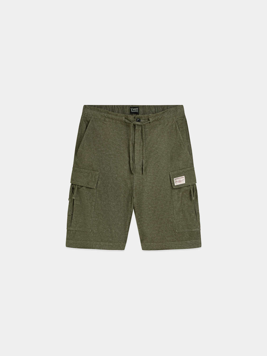 Light beige cargo linen shorts from Scotch & Soda with multiple pockets and relaxed fit, displayed on a neutral background.