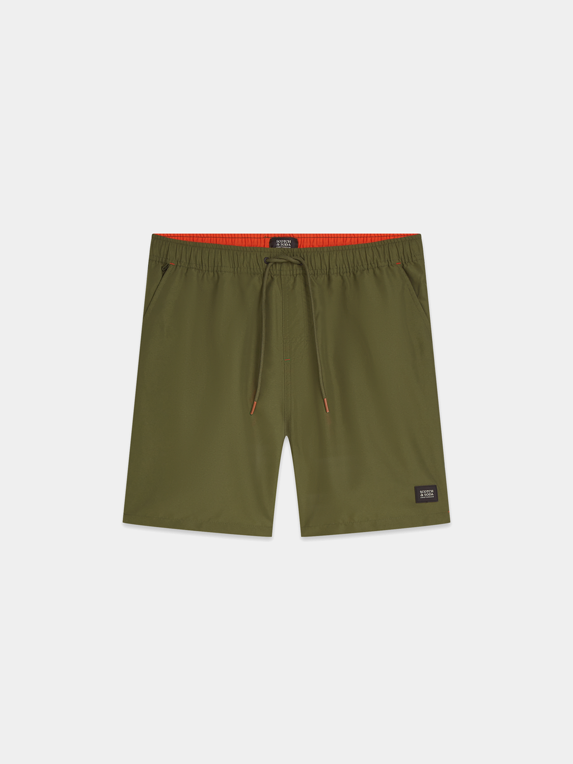 Mid-length Scotch & Soda swimshorts in vibrant blue with a floral pattern, styled on a hanger against a plain background.
